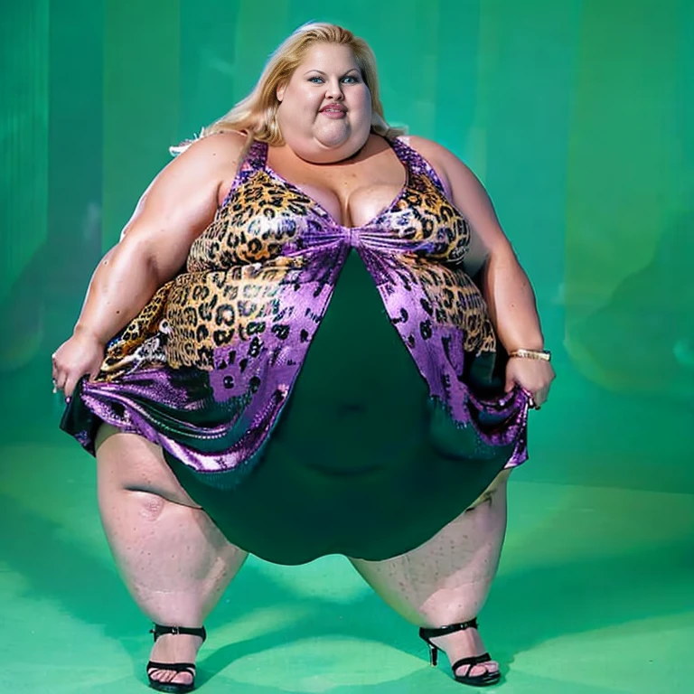 Ssbbw extremely morbidly obese solo Trish Stratus full body alone wearing a leopard dress