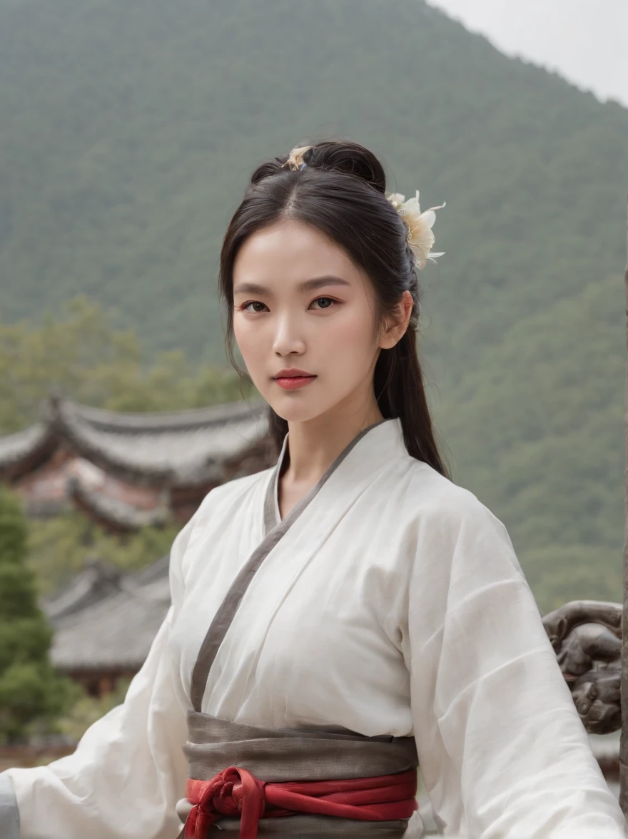 A veiled girl sits on a chair while enjoying the view against the mountains, background, nature, real reality ,Face focus, detail face,UHD,masterpiece,award winning,best quality,highres,8k,high details,(A man:1.6),Perfect face,long black hair,Chinese ancient hair accessories,blonde hair accessories,(Face the lens:1.4),(Handheld sword:1.5),Hand-held scabbard,ancient chinese robes,Martial arts,outlaw star,bougu,jump up,There's a dragon behind,Chinese Dragon,Patron saint,The background is mountains and trees,Mountain,Pavilion,pine tree,Bright Sky,white cloud,a cloudy sky,loong,,ancient oriental architecture,ancient chinese architecture,