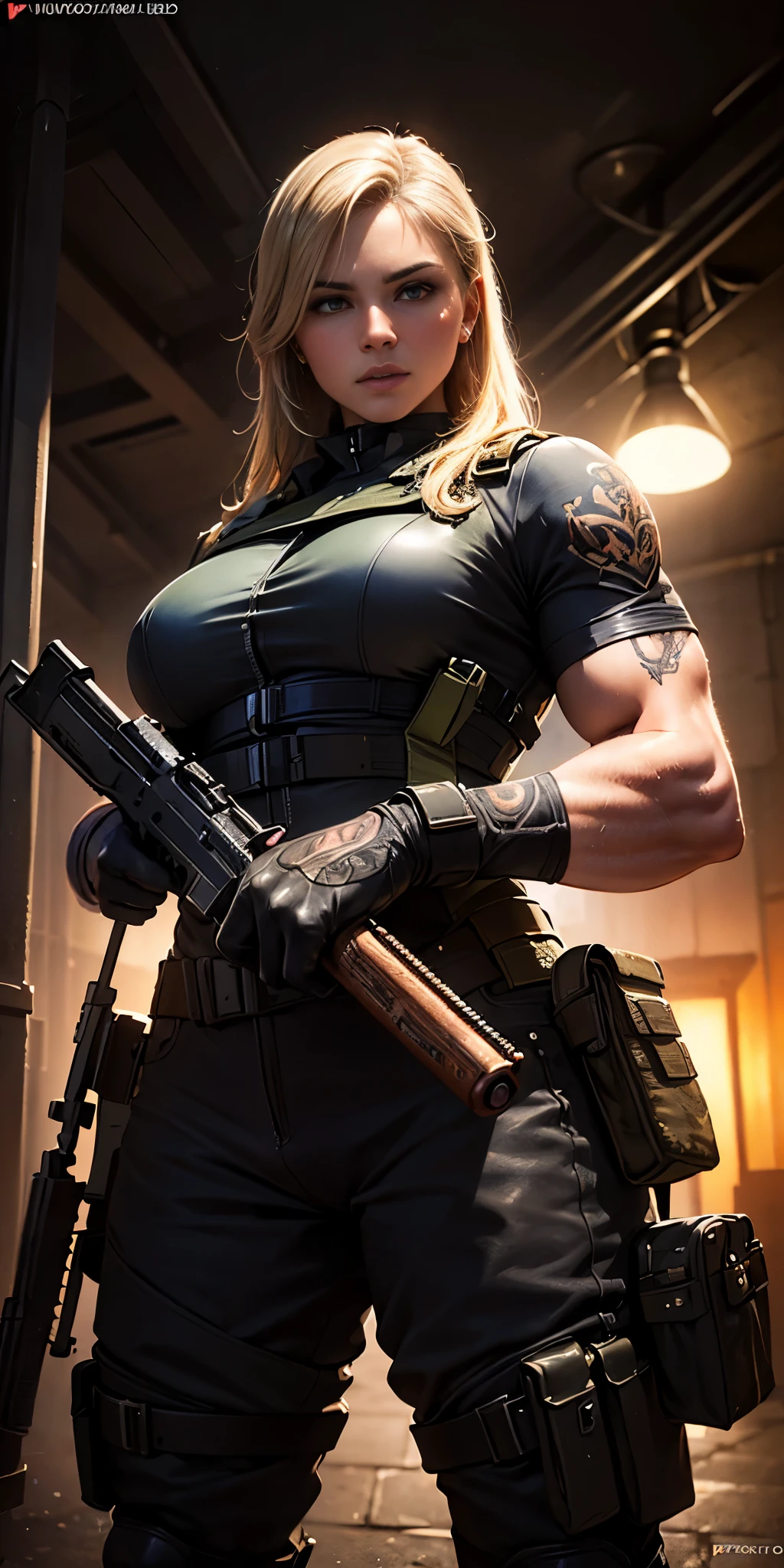 a female military soldier in call of duty style, war scenario, ((She is standing holding a pink revolver)), ((tall muscular woman covered in tattoos with a well-defined body)), long light blonde hair and amber eyes, ((Body Position: standing in a 60° position)), ((is pointing the gun at the spectator)), (best quality,4k,8k,highres,masterpiece:1.2),ultra-detailed,(realistic,photorealistic,photo-realistic:1.37),HDR,UHD,studio lighting,ultra-fine painting,sharp focus,physically-based rendering,extreme detail description,professional,vivid colors,bokeh,portraits,concept artists,cinematic lighting,dramatic colors