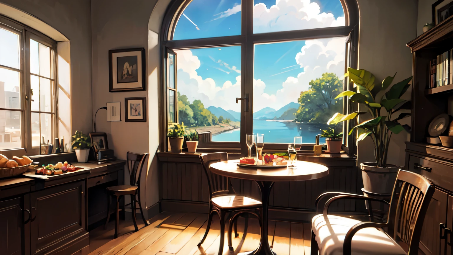 there is a table , inspired by Evgeny Lushpin, unreal engine, bizzarre theme, bizarre vista, realistic fantasy render, cozy café background, a photorealistic rendering, by Alexander Kucharsky, realistic scene, detailed bizarre view, bizarre view, highly detailed scene, sunny bay window, overlooking a bizarre view, by John La Gatta --auto --s2