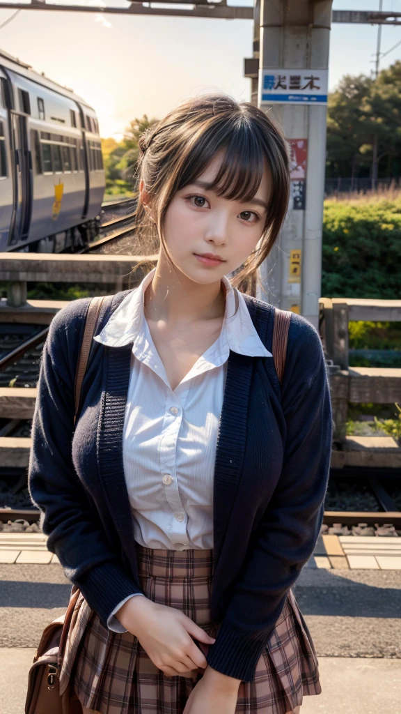 (masterpiece:1.2, highest quality), bokeh, 1 high school girl, 
(Japanese idle:1.6), Plump breast, Blushed face, updo, Looking at the viewer, standing at the train railway, high school uniform:1.6), sundown, Close up, expresses the roundness and softness of your chest
