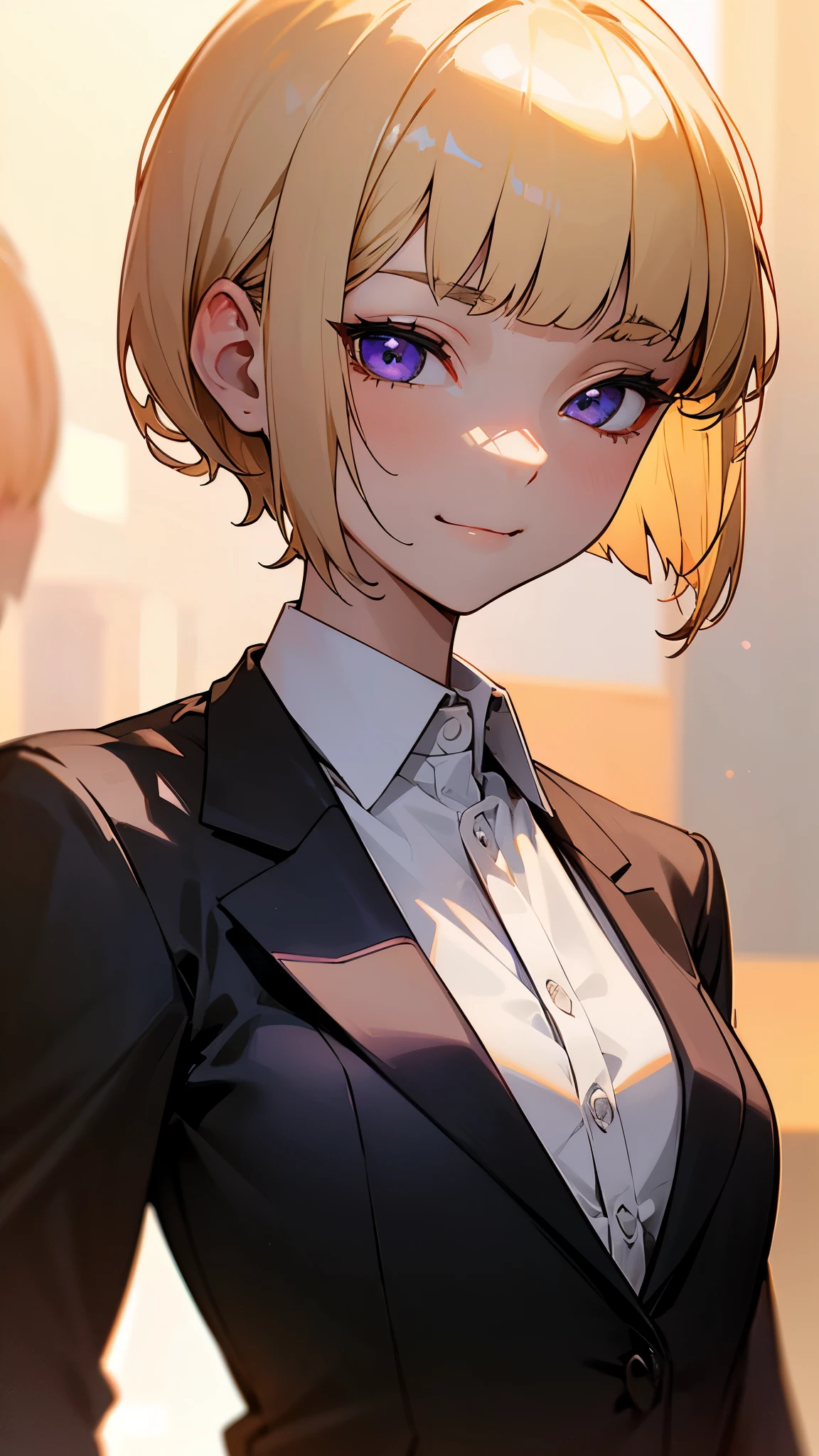 1 girl、8k、Sharp focus、(Bokeh) (highest quality) (Detailed skin:1.3) (Intricate details) (anime)、(blonde)、short hair、Bobcut、Blunt bangs、Beautiful purple eyes、Slender body、Upper body close-up、White shirt、Black work trousers、Black Fitted Blazer、Calm face、Mouth closed、Cheeky Smile、Squint your eyes、Park in the background、sunset、Soft lighting.