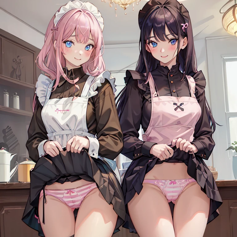 highest quality, masterpiece, ((2 girls:1.5)), ((smile:1.3)), (blush:1.3), Black Shirt, blouse, ((fun!!)), (Small breasts), Blonde, (Long sleeve), ((White apron:1.5)), ((Maid)), ((hair ornaments)), Kamimei, look at me, ((in house:1.5)), Taking a break from watching the audience, Cowboy Shot, (skirtlift:1.3), (Highly detailed pink striped panties:1.3), (Highly detailed panties:1.3), (skirt that rolls up:1.3), (Panties fully exposed:1.5), Light blue eyes, long hair, Glowing Eyes