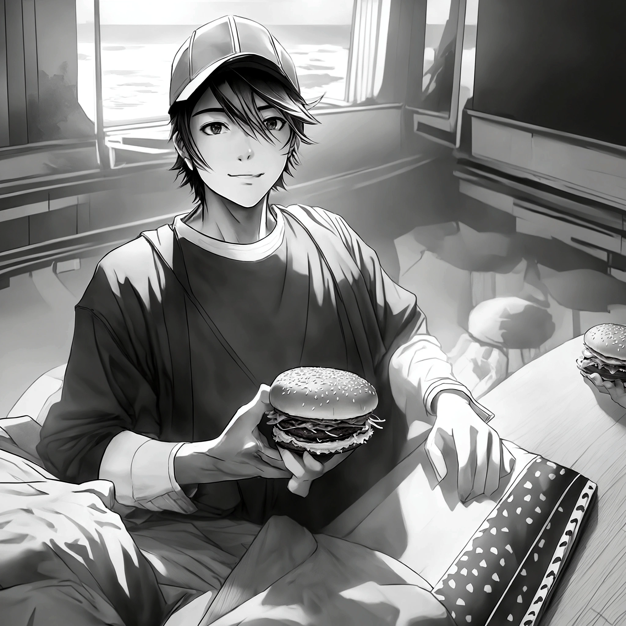 Anime boy sitting on bed with burger in hand, black and white manga style, Kentaro Miura's Manga Art Style, Makoto Shinkai. Digital Rendering, Makoto Shinkai and artgerm, Kentaro Miura's manga style, Makoto Shinkai style, Eating a hamburger, Eating a hamburger, High quality fan art, Makoto Shinkai art style