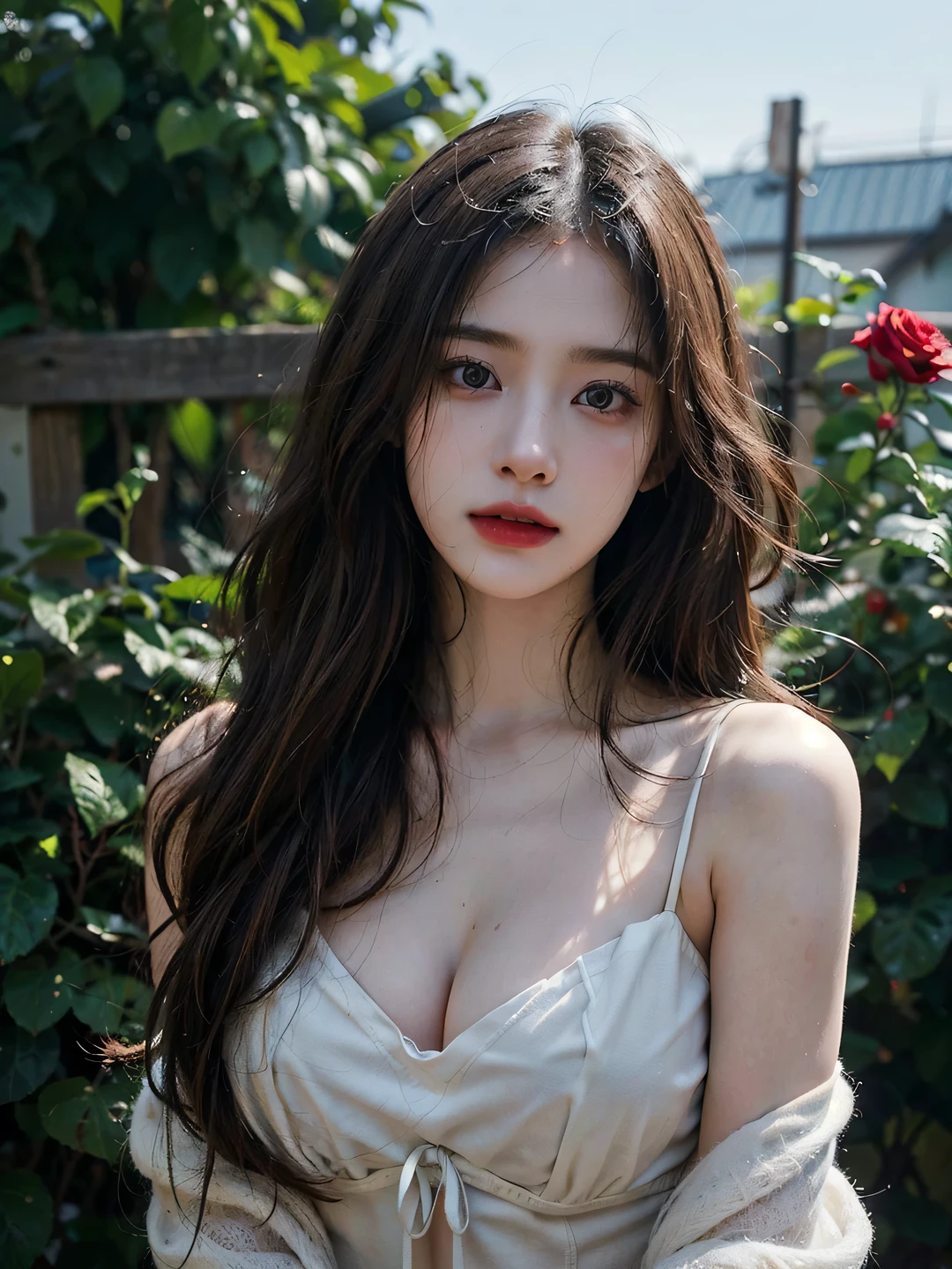1girl, (looking at viewer:1.2), detail face, (a girl standing, rending on cgsociety, Rose bush backdrop), romanticism, atmospheric, (RAW photo, best quality), (realistic, photo-realistic:1.3), masterpiece, an extremely delicate and beautiful, extremely detailed, D cup,Cleavage,Translucent brown tube top 1.5)Rainy Day,Her whole body was very wet