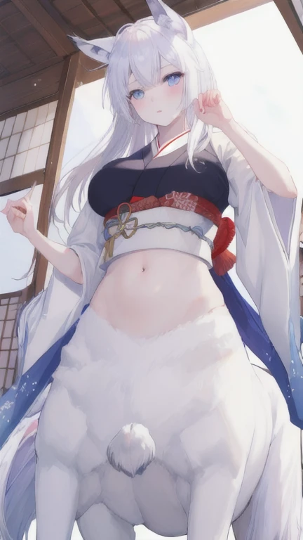 (best quality, masterpiece), 1 girl, centaur, It takes, White skin, Japanese  , exposing the abdomen,belly button t-shirt, 아름다운 소녀 perfect wolf photo, perfect wolf photo