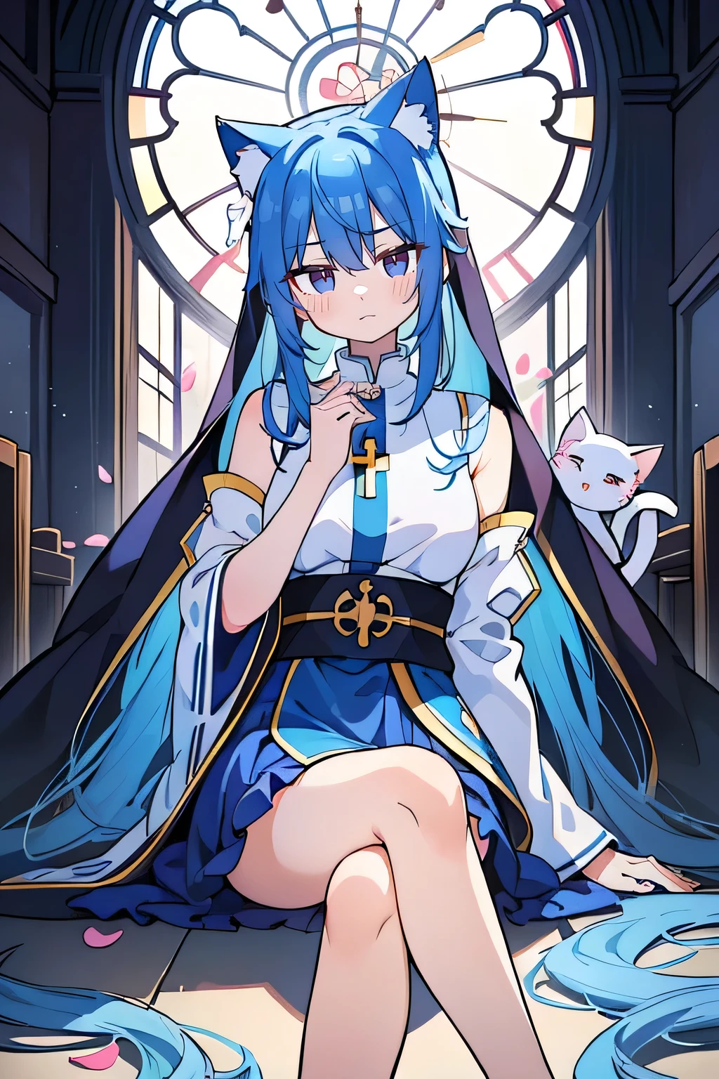 (masterpiece:1.2),Extremely detailed,Practical,expressive eyes,Fair skin,Perfect face shaping,1 Girl,
Japanese cartoons,Gorgeous blue hair, the long flowing blue hair,Floating clothes,Cat ears,Petals fall,beautiful lola,Young Angel,
Place your hands on your waist,sit elegantly on the ground,Cross your legs,Gentle and peaceful background,church,Nun's Clothes,back view,lie on the water,Large Breasts, H Cup, Good breasts, Place your hands on your waist,beautiful, Gorgeous,Japanese cartoons,girl,Lola,Hina Angel, Blue Hair, Blue Haired,Tent breasts, tent box, tent chest, Floating clothes,Grab your waist, Grab your waist, Hands on Hips , hands on hips,sit, sit on ground, Legs on the ground.
