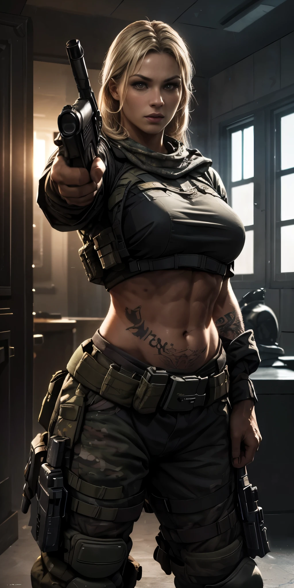 a female military soldier in call of duty style, war scenario, ((She is standing holding a pink revolver)), ((tall muscular woman covered in tattoos with a well-defined body)), long light blonde hair and amber eyes, ((Body Position: standing in a 60° position)), ((is pointing the gun at the spectator)), (best quality,4k,8k,highres,masterpiece:1.2),ultra-detailed,(realistic,photorealistic,photo-realistic:1.37),HDR,UHD,studio lighting,ultra-fine painting,sharp focus,physically-based rendering,extreme detail description,professional,vivid colors,bokeh,portraits,concept artists,cinematic lighting,dramatic colors