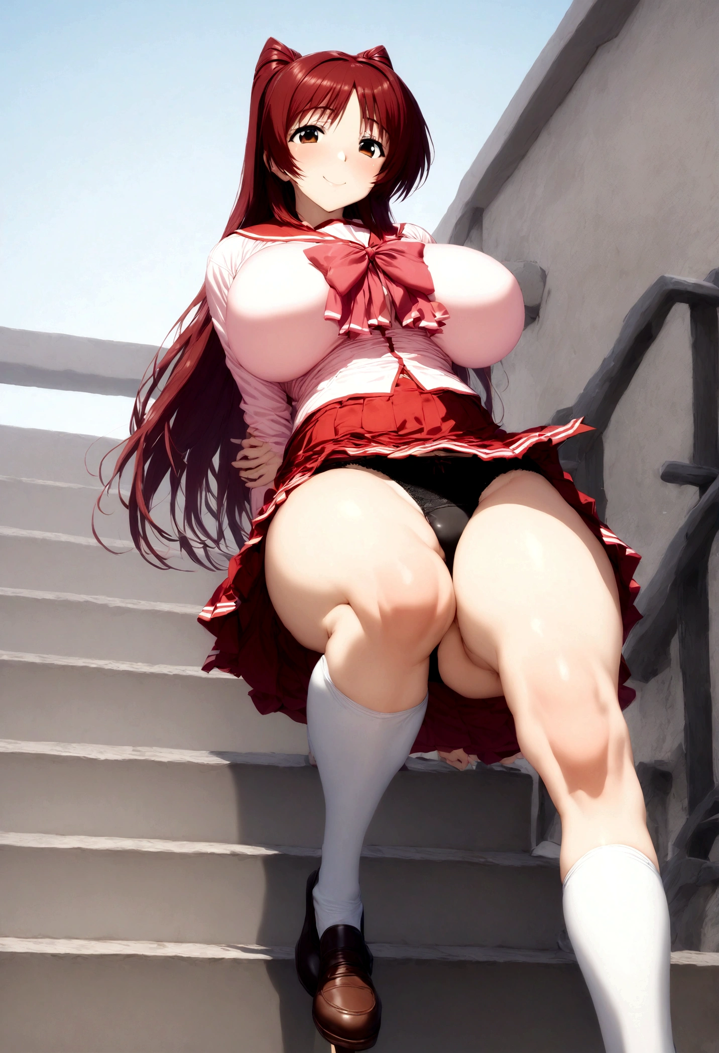 masutepiece, best_quality, hight resolution, Tamaki Kosaka, Large_breasts, Kaiyo , Red_hair, Solo,On the school stairs on a sunny day,hi-school girl,With a big smile(Wearing school uniform),Flush Panties,full body from below,Put your arms behind your back,white knee-socks,Black lace panties,skirt wind lift,