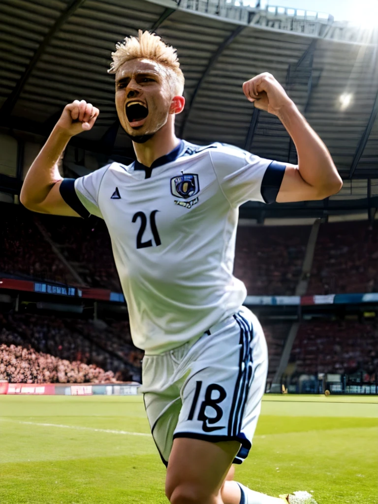 Arab soccer midfielder. 22 years old. Blonde hair. Short hairstyle. Round chin. Trimmed beard. White skin.. Dramatic light. Male. Black jersey. Masterpiece, best quality, 4k, very detailed. Male. Celebrating goal. Epic celebration