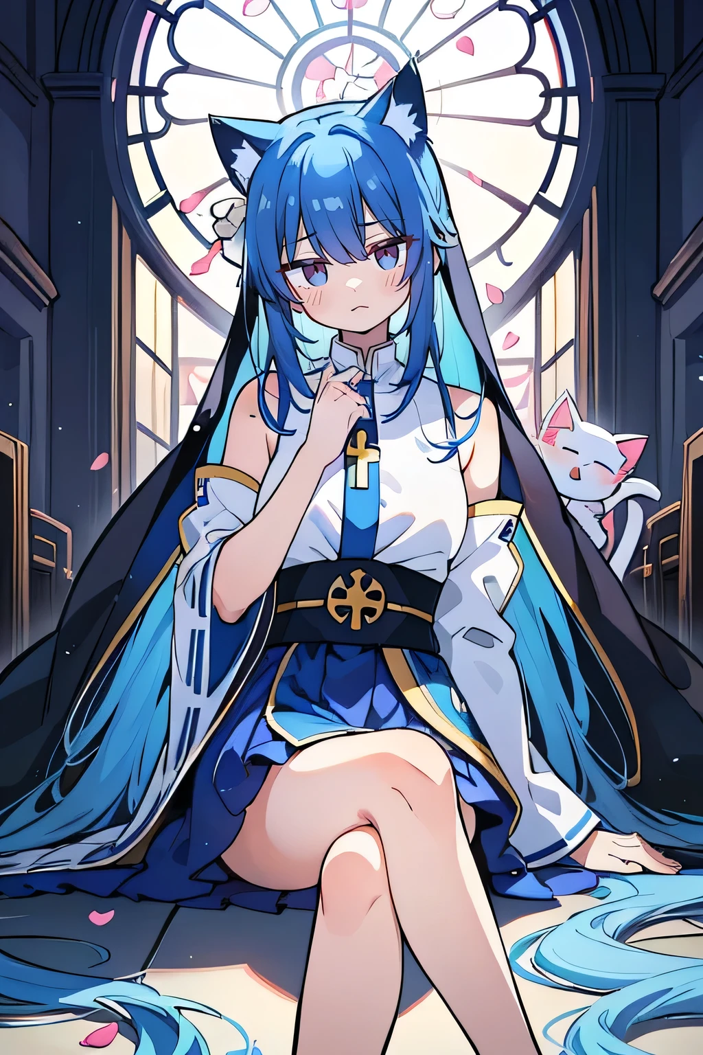 (masterpiece:1.2),Extremely detailed,Practical,expressive eyes,Fair skin,Perfect face shaping,1 Girl,
Japanese cartoons,Gorgeous blue hair, the long flowing blue hair,Floating clothes,Cat ears,Petals fall,beautiful lola,Young Angel,
Place your hands on your waist,sit elegantly on the ground,Cross your legs,Gentle and peaceful background,church,Nun's Clothes,back view,lie on the water,Large Breasts, H Cup, Good breasts, Place your hands on your waist,beautiful, Gorgeous,Japanese cartoons,girl,Lola,Hina Angel, Blue Hair, Blue Haired,Tent breasts, tent box, tent chest, Floating clothes,Grab your waist, Grab your waist, Hands on Hips , hands on hips,sit, sit on ground, Legs on the ground.