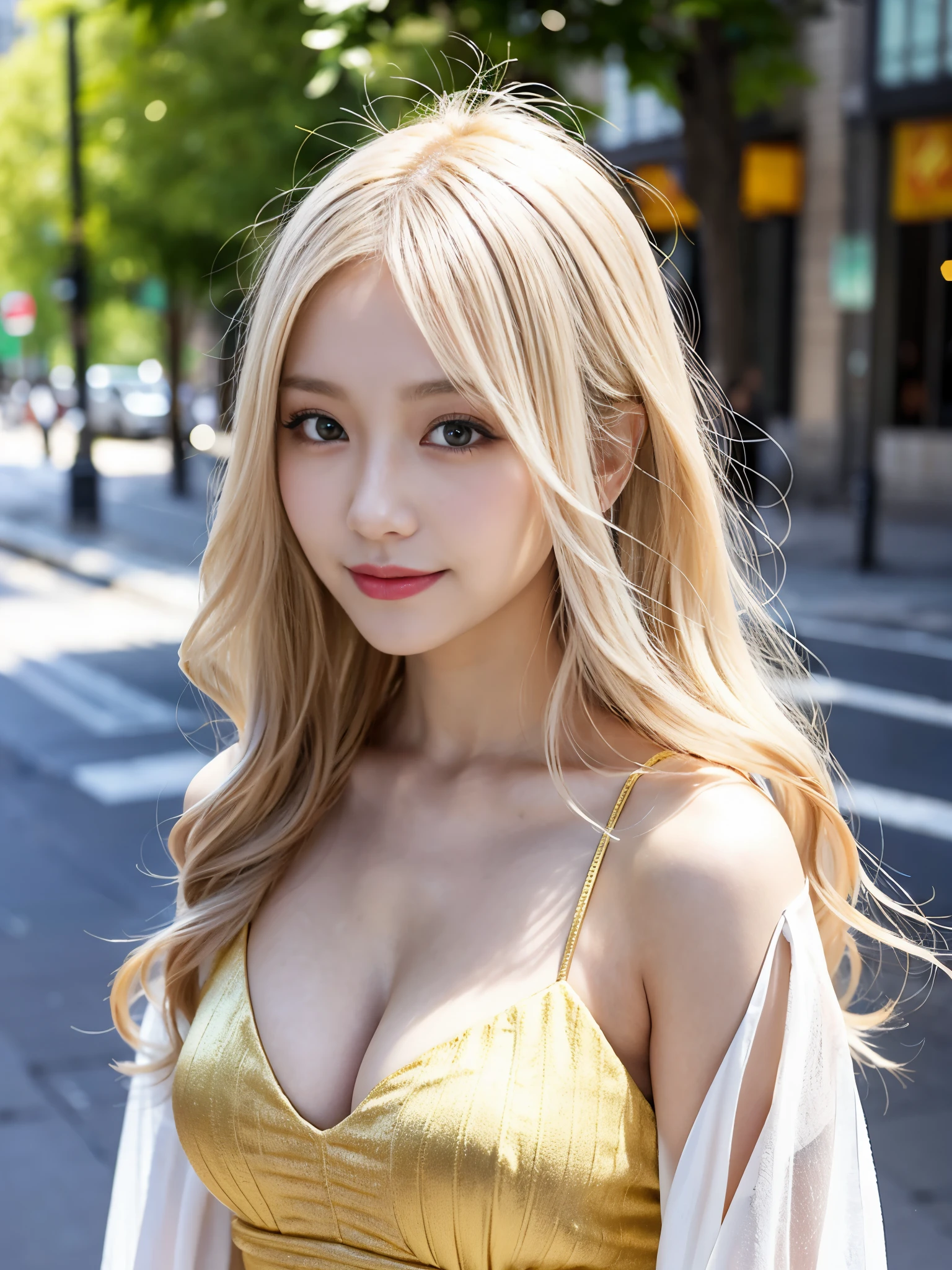 (RAW Photos,Realistic, Photorealistic: 1.4, masterpiece, highest quality), 98k, 1 美しいDay本人女性, alone, 20-year-old, Small face,Cute face:1.2,Smiling, Larger breasts, Exposing cleavage,Beautifully detailed round eyes, Droopy Eyes 1.4, Long platinum blonde hair, Wavy Hair, (Highly detailed face and skin texture), Beautiful face in golden proportions,White Skin Sexy Dress,Sexy pose, street, Day, sunny Day, close, (View Viewer:1.4)