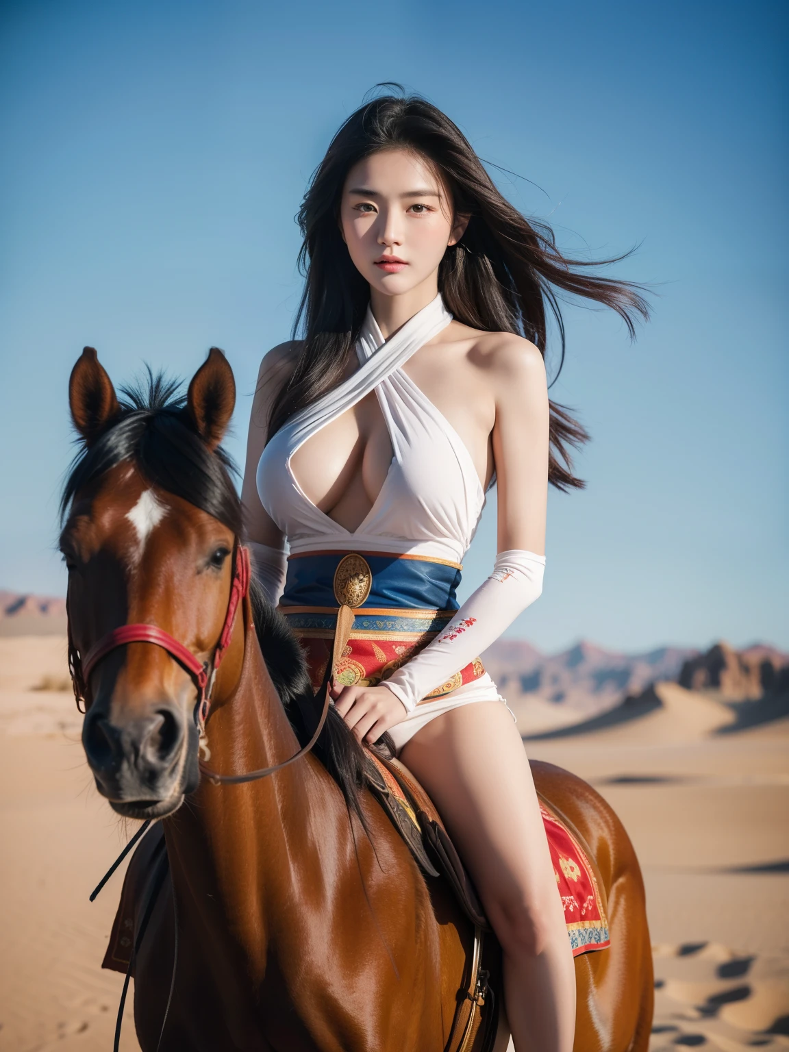 A photograph captures a Mongolian woman riding a horse across the vast expanse of the Gobi Desert in Mongolia. The image, taken with a Kodak analog camera and using a classic Kodak analog filter, exudes the nostalgic feel of the 1990s. The scene is brought to life by a professional photographer, expertly framing the moment. The woman is adorned in traditional Mongolian attire, adding an authentic touch to the timeless landscape of the desert.  super fine body, super fine face, super fine eyes, super fine nose, superfine mouth, super fine hands, super fine fingers, good shape, very perfect body, very perfect face, very perfect eyes, very perfect nose, very perfect mouth, very perfect hands, very perfect fingers, super detailed body, super detailed face, super detailed eyes, super detailed mouth, G cup boobs, analog camera, kodak analog camera effect, analog filter.
