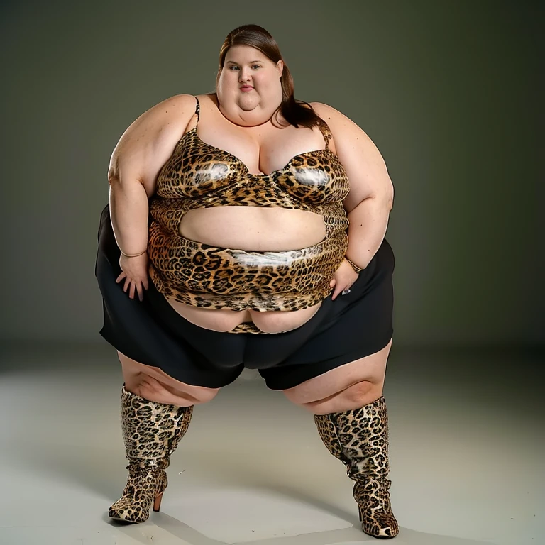 Ssbbw extremely morbidly obese solo Stephanie McMahon full body alone wearing a leopard dress