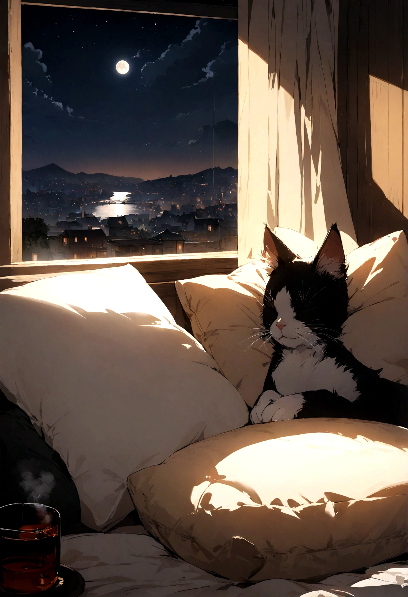 Cat sleeping on pillow, steaming tea, ,A window with a beautiful view, Night Sky, moon.