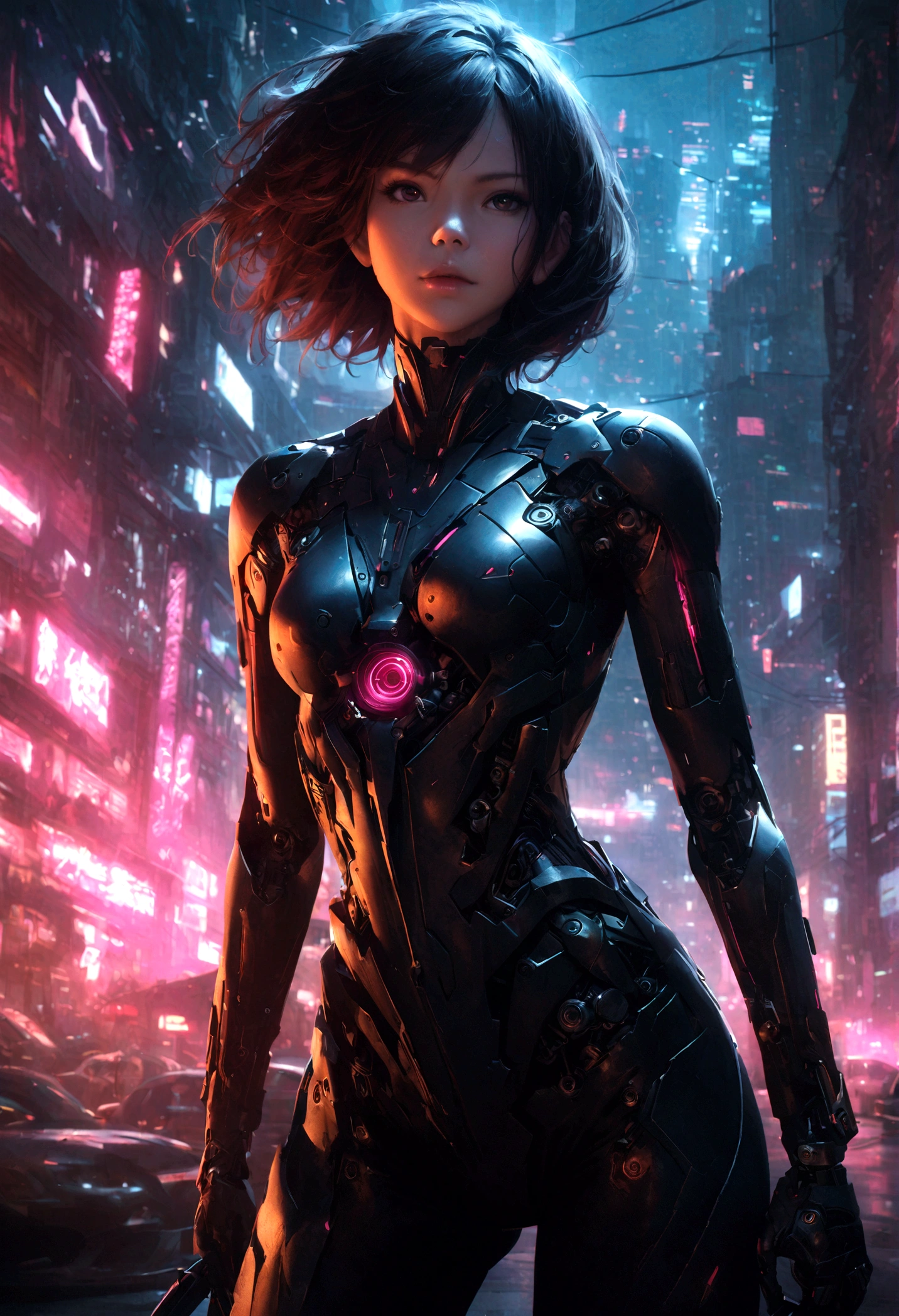 《Ghost in the Shell》a beautiful detailed cyborg woman with long cybernetic limbs, intricate mechanical details, holding an advanced futuristic firearm, looking directly at the camera, dark cyberpunk city background, dramatic lighting, highly detailed, cinematic, 4k, realistic, photorealistic