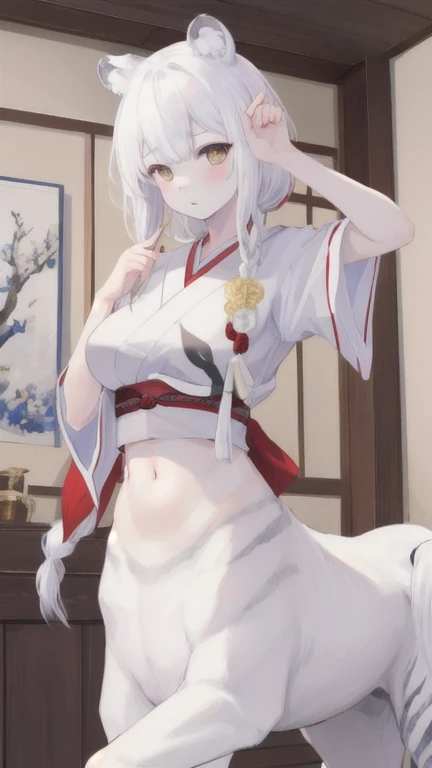 (best quality, masterpiece), 1 girl, centaur, It takes, White skin, Japanese , exposing the abdomen,belly button t-shirt, 아름다운 소녀 perfect white tiger photo, perfect white tiger photo