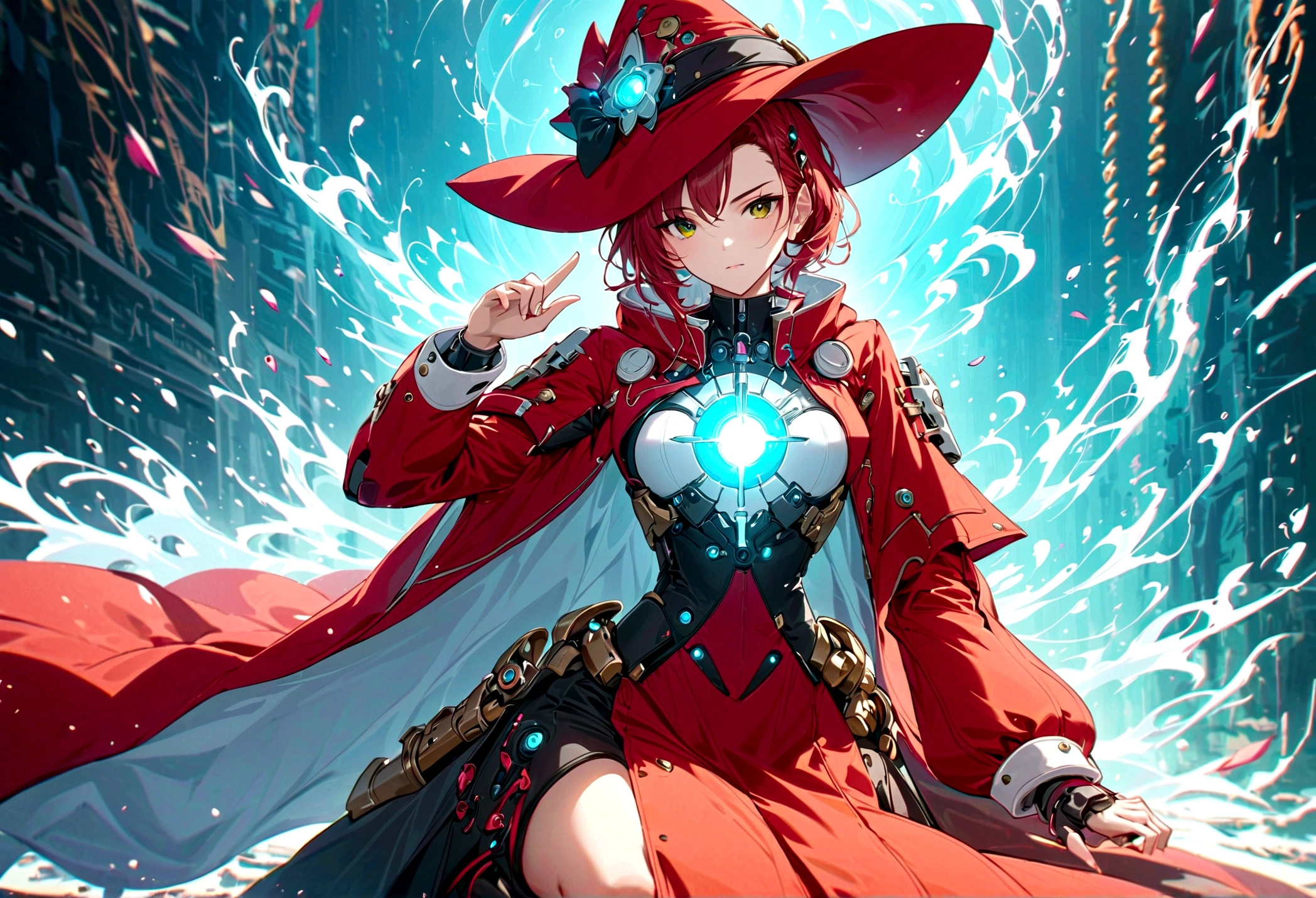 Mecha Musume anime costume, an enchanting figure adorned in a long red coat with intricate black details, ornamented with mechanical components that glow with electrical energy. Her hair falls in waves, falling behind a stately and luxurious witch's hat. She sits with her legs crossed, the mecha musume witch exuding a captivating aura as she looks into the distance with happiness etched on her face. The room is filled with a sense of magic and technology, a testament to its unique nature. In an elevated position, she raises her hand, revealing that even her fingers are subtly mechanical, a hint of fusion.
