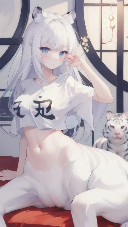 (best quality, masterpiece), 1 girl, centaur, It takes, White skin, Korean  , exposing the abdomen,belly button t-shirt, 아름다운 소녀 perfect white tiger photo, perfect white tiger photo