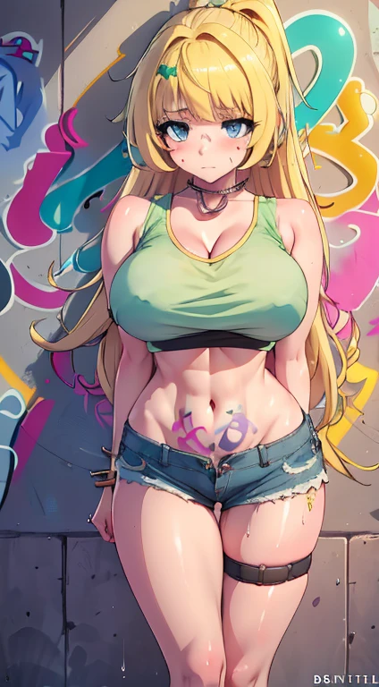 Shera, masterpiece, best quality, 1 Girl, Blonde Hair, Large Breasts, Ponytail, only, Crop Top, Shorts Jeans, Necklace, (Graffiti:1.5), Splash with purple lightning pattern., Arms behind your back, Against the wall, looking at the audience, bracelet, Thigh straps, Head tilt, boring, Ponytail, Water Eye,(((Large Breasts)))Breast sagging、Low-cut(((Cleavage )))、(((Wide hips,)))(((Hourglass figure)))((Long legs)),