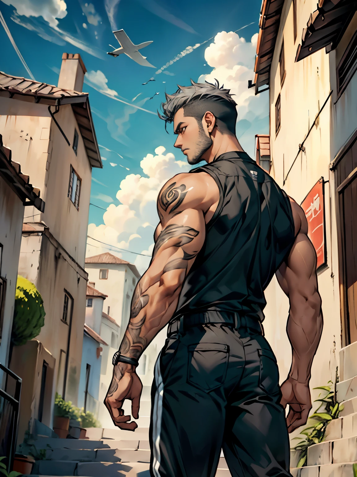 boys 26 Years old, full body, Serious face, brown eyes, gray hair, high-cut short hair, wearing black sleeveless shirt, black tracksuit pants, black hair, levitate on sky, blue sky, cloud, side back view