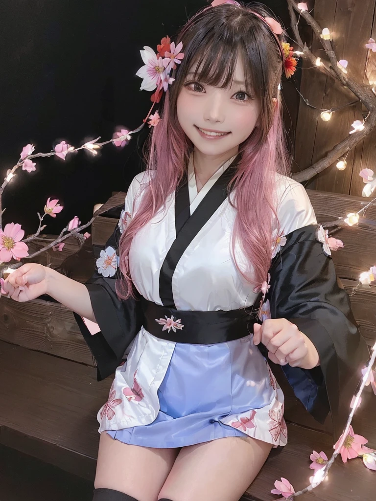 (masterpiece:1.2, high quality), (Pixiv:1.4),21 year old girl, alone,A colorful world,flower, Long Hair, butterfly, bird, hair ornaments, (((blue skirt,white socks ₎)), Long Hair, hair flower, (((Long sleeve, kimono, bangs, Black Background ₎)), (((wood, pink flower, red flower,night,Light 2)),smile