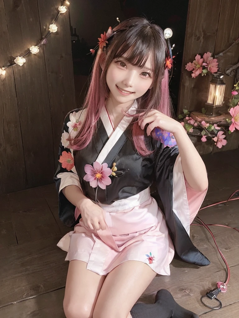 (masterpiece:1.2, high quality), (Pixiv:1.4),21 year old girl, alone,A colorful world,flower, Long Hair, butterfly, bird, hair ornaments, (((blue skirt,white socks ₎)), Long Hair, hair flower, (((Long sleeve, kimono, bangs, Black Background ₎)), (((wood, pink flower, red flower,night,Light 2)),smile