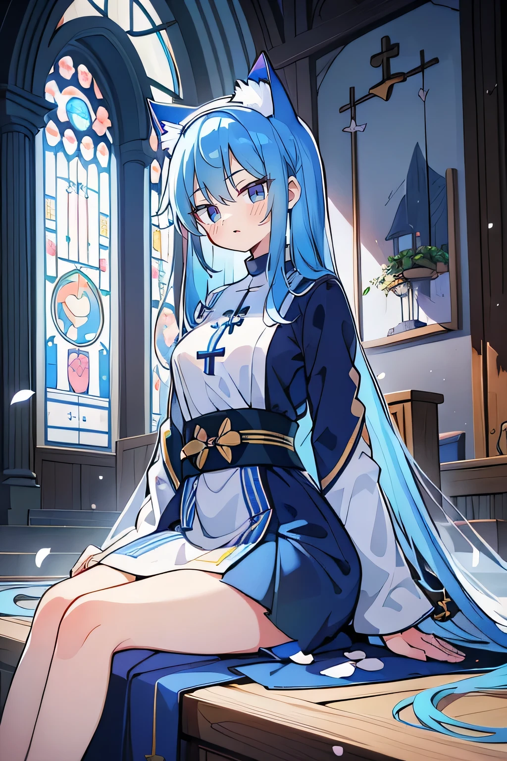 (masterpiece:1.2),Extremely detailed,Practical,expressive eyes,Fair skin,Perfect face shaping,1 Girl,
Japanese cartoons,Gorgeous blue hair, the long flowing blue hair,Floating clothes,Cat ears,Petals fall,beautiful lola,Young Angel,
Place your hands on your waist,sit elegantly on the ground,Cross your legs,Gentle and peaceful background,church,Nun's Clothes,back view,lie on the water,Large Breasts, H Cup, Good breasts, Place your hands on your waist,beautiful, Gorgeous,Japanese cartoons,girl,Lola,Hina Angel, Blue Hair, Blue Haired,Tent breasts, tent box, tent chest, Floating clothes,Grab your waist, Grab your waist, Hands on Hips , hands on hips,sit, sit on ground, Legs on the ground.