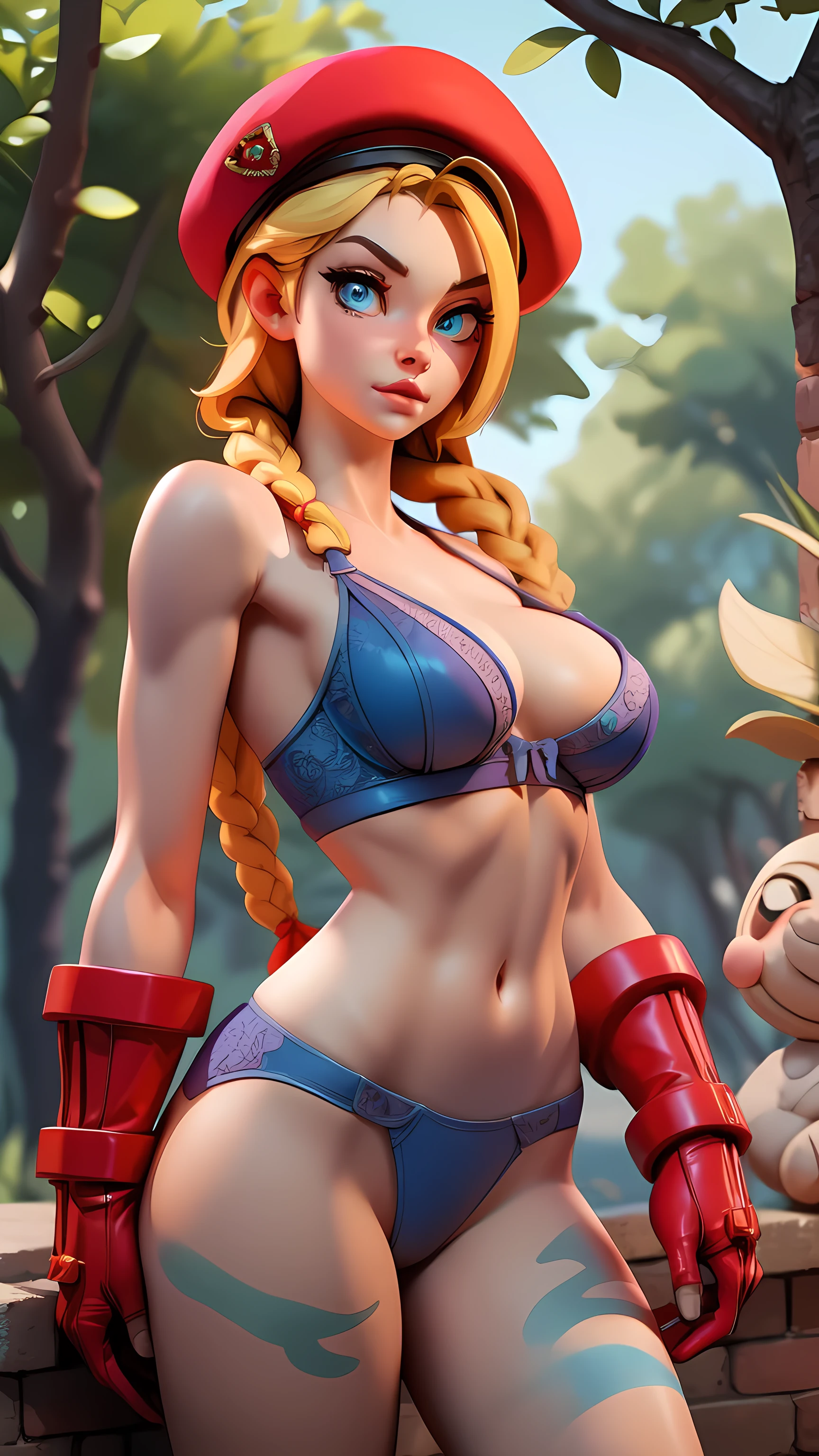 masterpiece, best quality, highres, 1girl, cammy white, twin braids, long hair, blonde hair, antenna hair, beret, (red headwear:1.3), blue eyes, scar on cheek, (((blue lingerie))), large boob 36 DD, sleeveless, red gloves, fingerless gloves, camouflage, cowboy shot, standing, outdoors, arms at sides, straight-on,