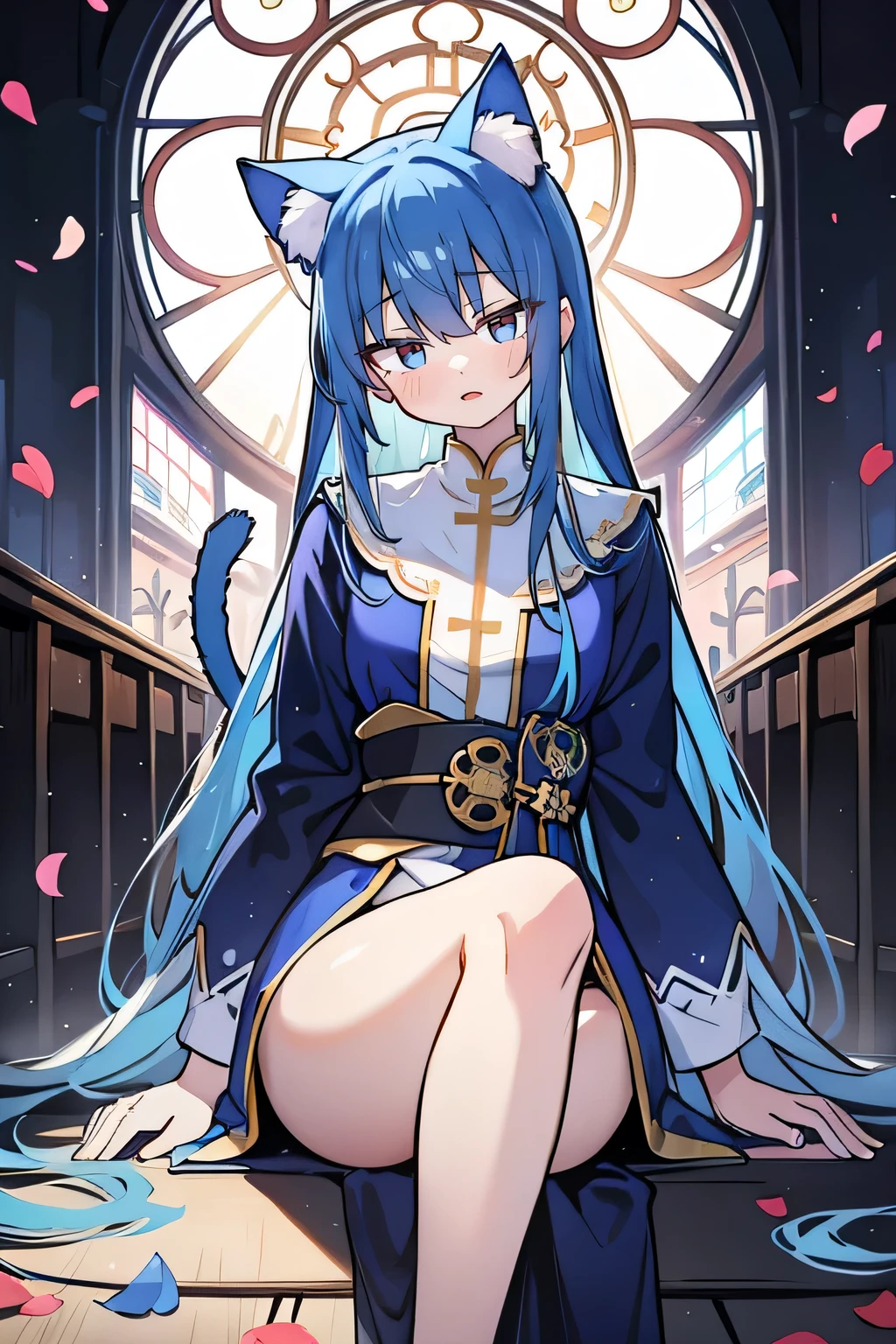 (masterpiece:1.2),Extremely detailed,Practical,expressive eyes,Fair skin,Perfect face shaping,1 Girl,
Japanese cartoons,Gorgeous blue hair, the long flowing blue hair,Floating clothes,Cat ears,Petals fall,beautiful lola,Young Angel,
Place your hands on your waist,sit elegantly on the ground,Cross your legs,Gentle and peaceful background,church,Nun's Clothes,back view.