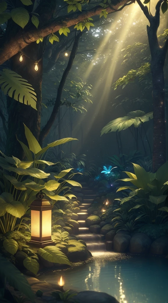 masterpiece, best quality, (Very detailed CG Unity 8k wallpaper), (best quality), (Best Illustration), (Best shadow), Glowing Elf, There is a glowing deer, Drinking water in the pool, nature元素 in the forest theme. Mysterious Forest, Beautiful forest, nature, Surrounded by flowers, delicate Leaves and branches surrounded by firefly (nature元素), (Jungle theme), (Leaves), (Branches), (firefly), (Particle Effects) ETC. 3D , Octane Rendering, Ray tracing, Super detailed