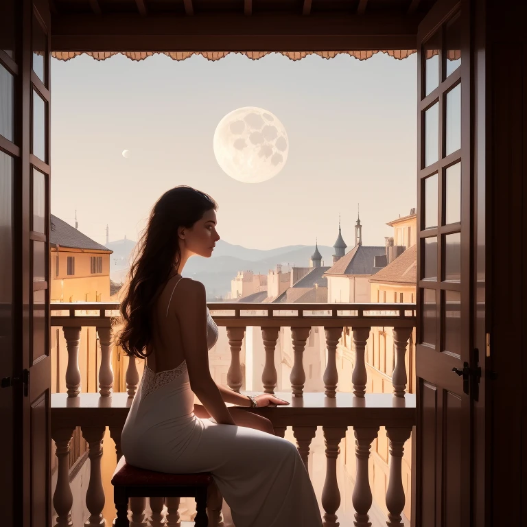 painting of a woman sitting on a balcony looking out at the moon, style of dragan bibin, inspired by Vincent Lefevre, by Vincent Lefevre, dragan bibin, inspired by Evgeny Lushpin, alexey egorov, vdragan bibin, inspired by Enrique Simonet, inspired by maxim verehin, by Raphaël Collin