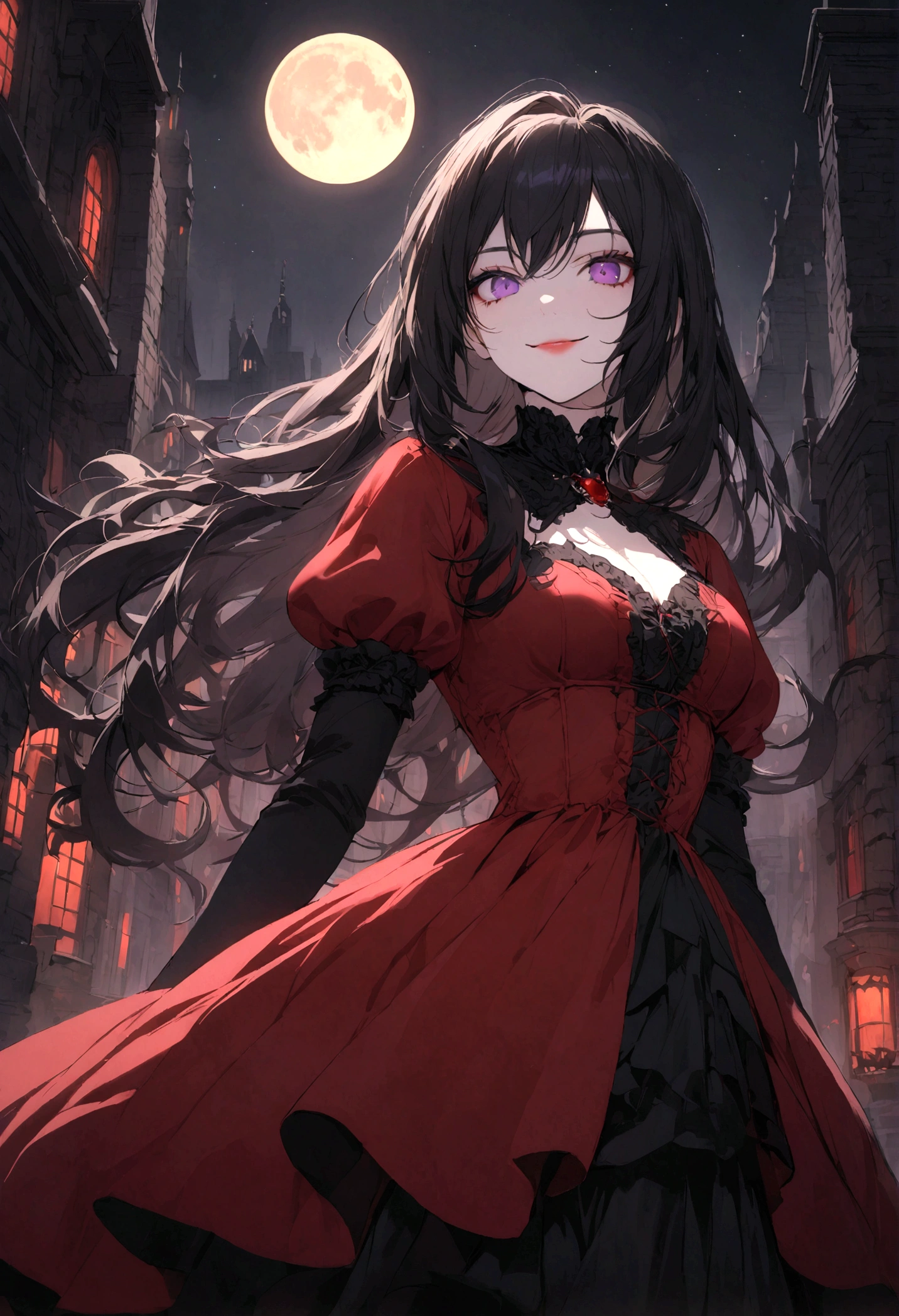 a beautiful vampire girl with long black hair, purple eyes, and a smile, wearing a red gothic dress, in a dark gothic city with a full moon in the night sky