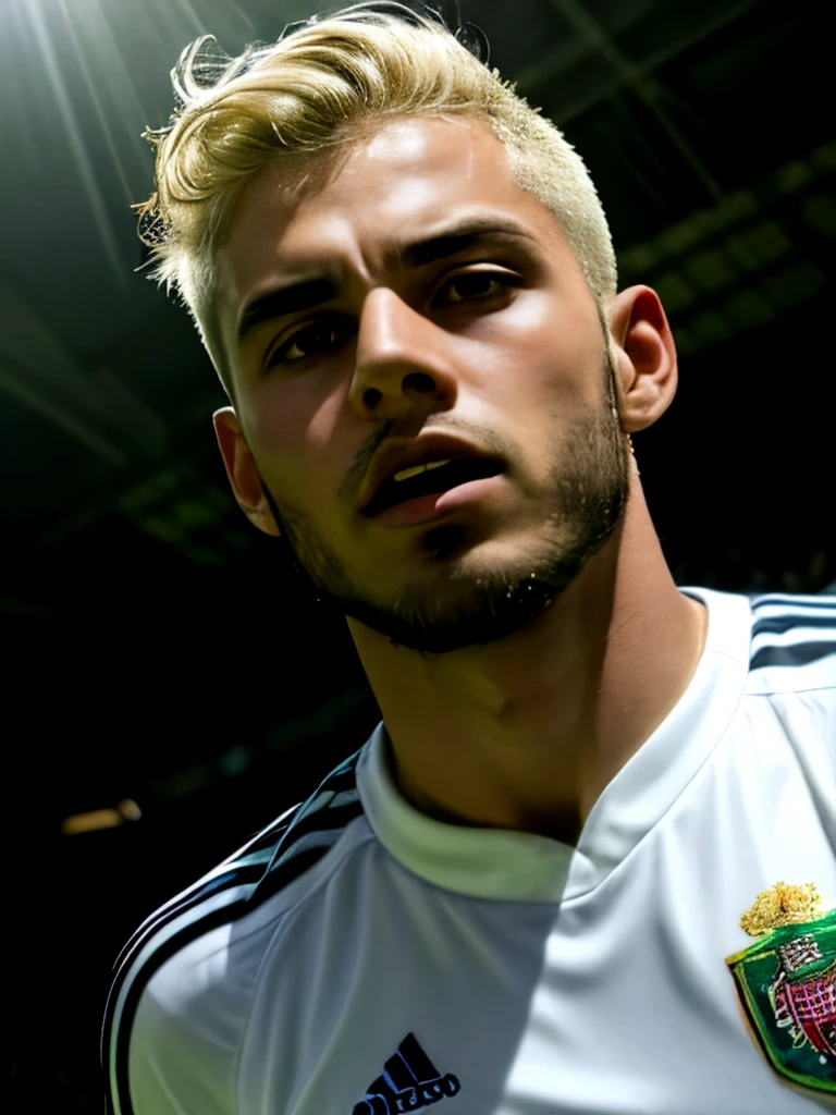 Arab soccer midfielder. 22 years old. Blonde hair. Short hairstyle. Round chin. White teeth. Trimmed beard. White skin.. Dramatic light. Male. Black jersey. Masterpiece, best quality, 4k, portrait, very detailed. Male. Celebrating goal. Epic celebration