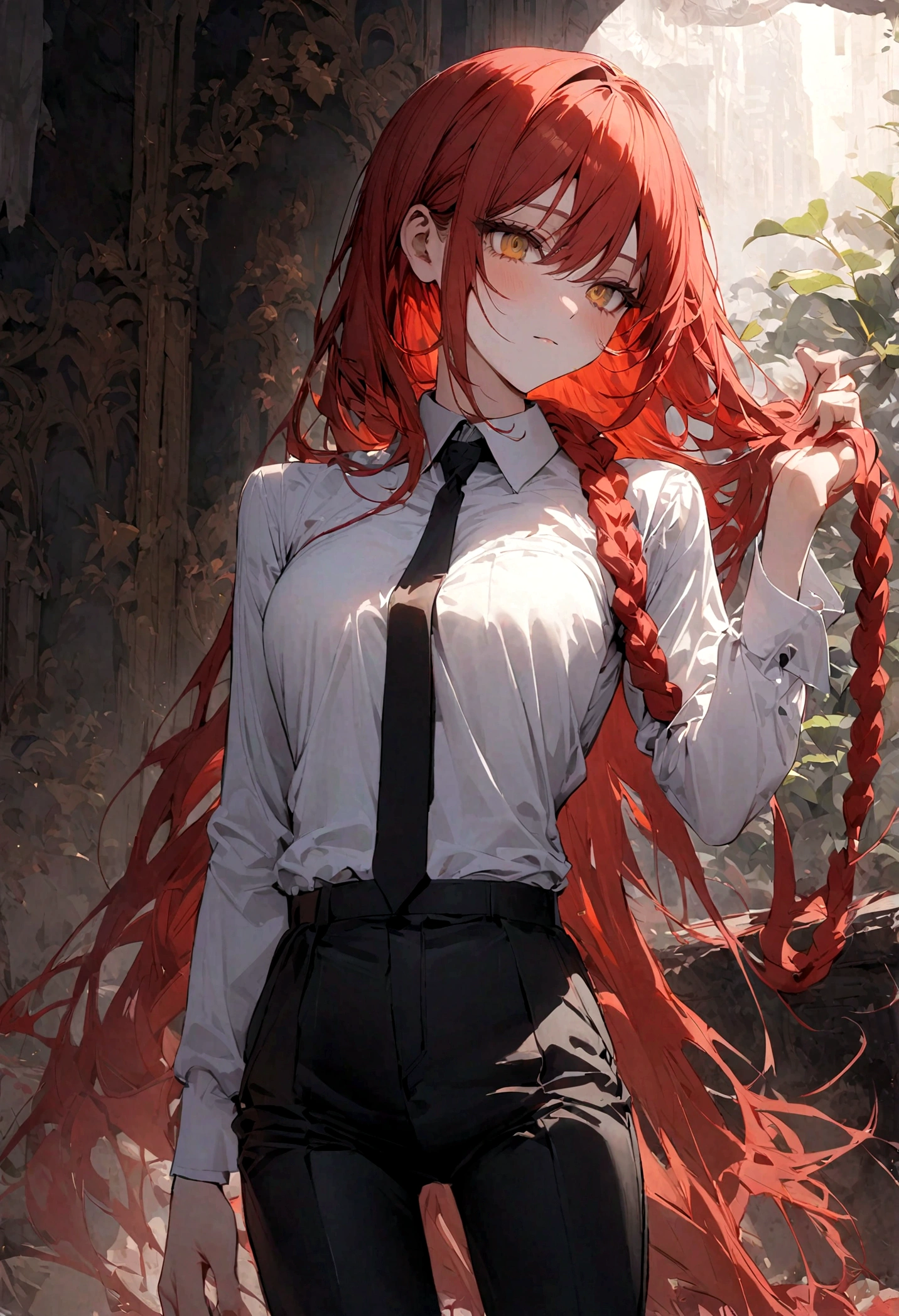Japanese Manga《Chainsaw man》Machima,Yellow eyes,Long red hair,Bangs on the front sides of the head,Wearing a braid。Black tie,Wearing white shirt and black trousers,