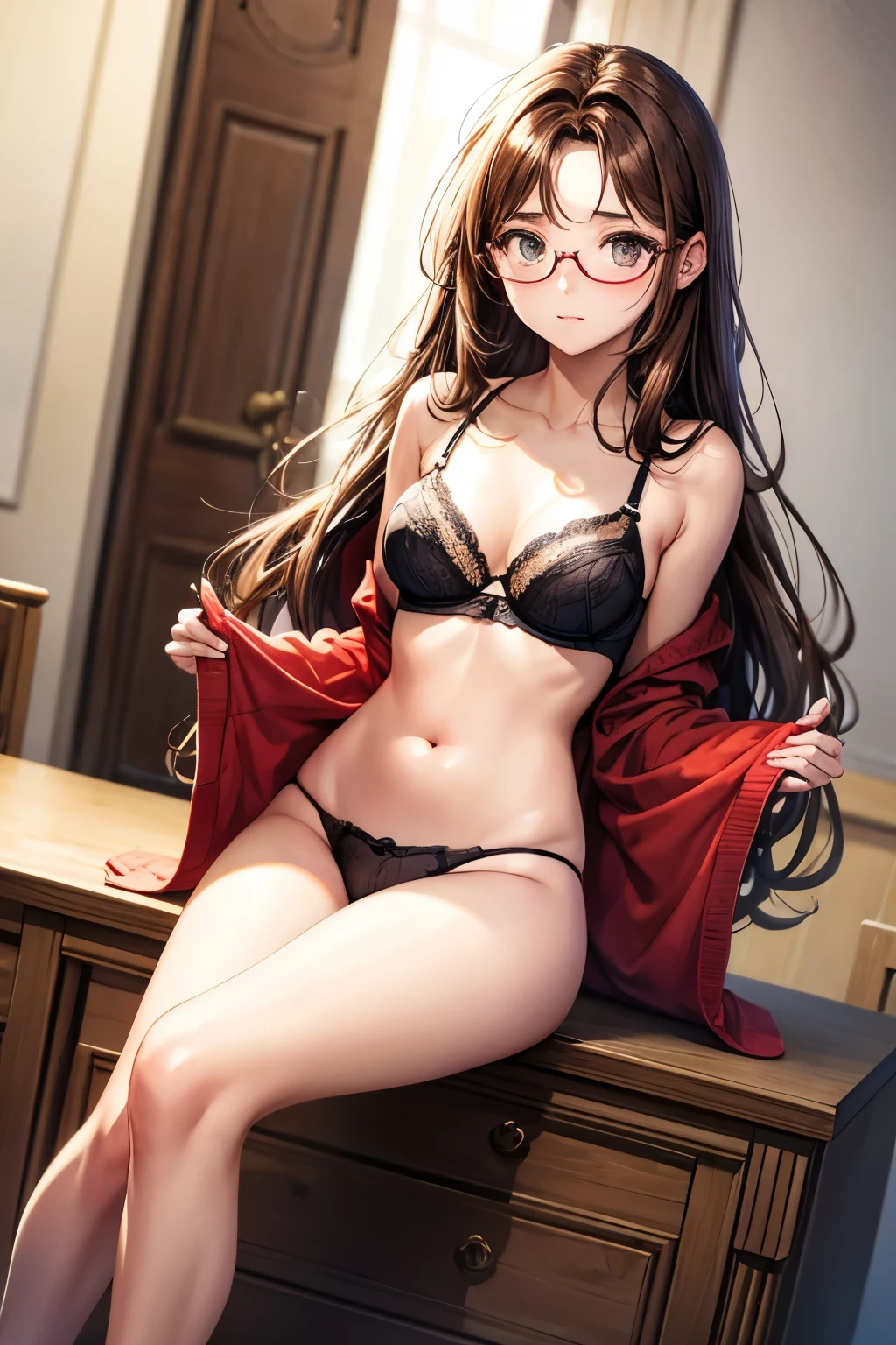 long brown hair,Brown eyes,Glasses,Girl,three point bra,underwear