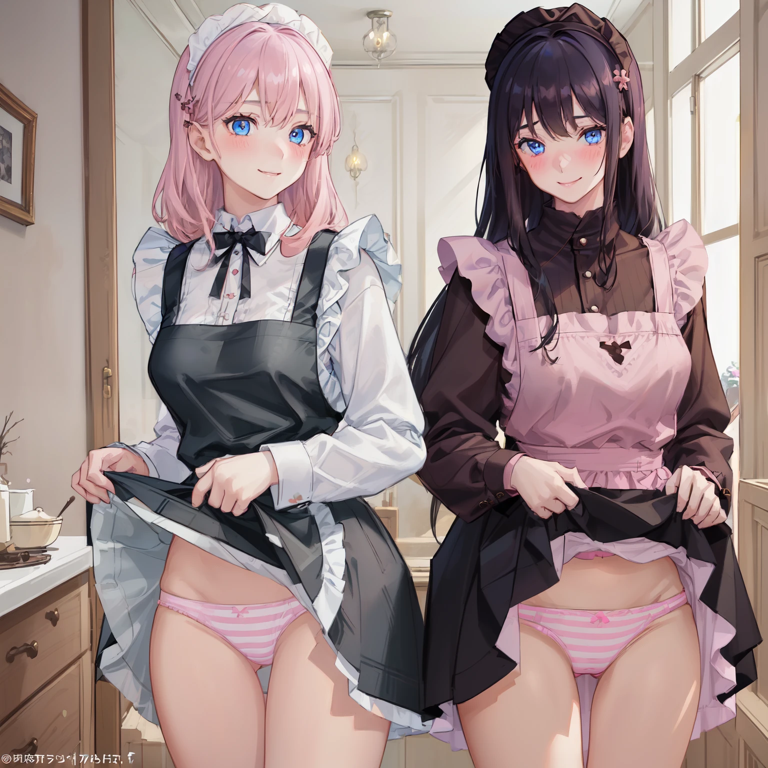 highest quality, masterpiece, ((2 girls:1.5)), ((smile:1.3)), (blush:1.3), Black Shirt, blouse, ((fun!!)), (Small breasts), Blonde, (Long sleeve), ((White apron:1.5)), ((Maid)), ((hair ornaments)), Kamimei, look at me, ((in house:1.5)), Taking a break from watching the audience, Cowboy Shot, (skirtlift:1.3), (Highly detailed pink striped panties:1.3), (Highly detailed panties:1.3), (skirt that rolls up:1.3), (Panties fully exposed:1.5), Light blue eyes, long hair, Glowing Eyes