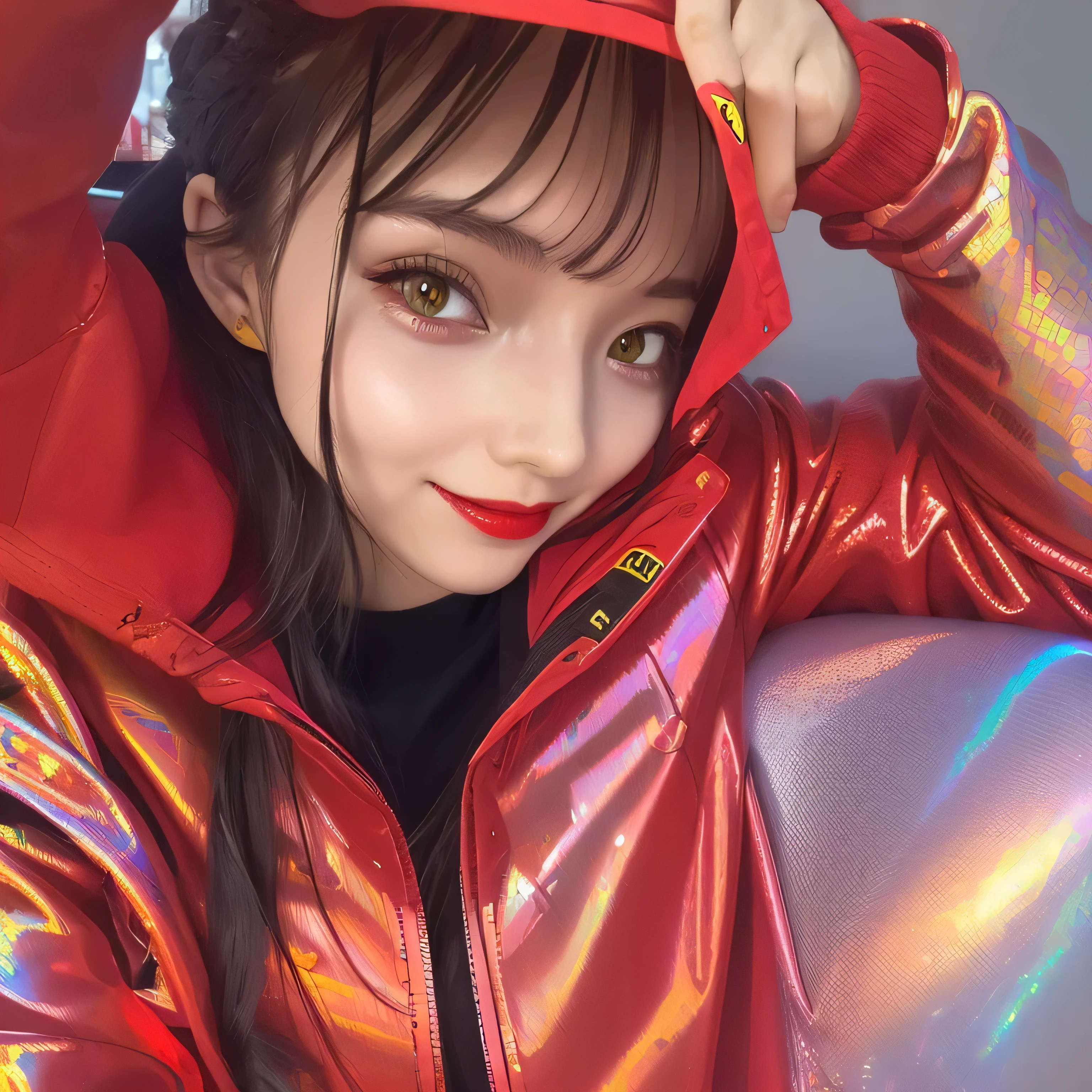 (masterpiece, highest quality, Very detailed, Detailed face, 8k)、smile、
One Girl,, ,
((( Ferrari red opaque jacket:1.3, , Holographic:1.23))), , Extremely detailed clarity, (Symmetrical eyes:1.3), , , , , ,, , , (Eye and facial details:1.0), , slim、Flat body、cute、、Small breasts、Jet black background、(((B1 cup chest.8)))、(((Skinny 1.7)))、(((Small breasts 1.9)))、(((19-year-old female)))、(((A1 cup chest.2)))、(((Suren 1.7)))、(((Small breasts 1.5)))、(((Overall 1.5)))、(((Full body composition 1.5)))、(((Whole body 1.5)))、(((9:1.8))),
((( Ferrari red opaque jacket:1.3, , Holographic:1.23))),
Surrealist female portraits by David Hockney and Alphonse Mucha,