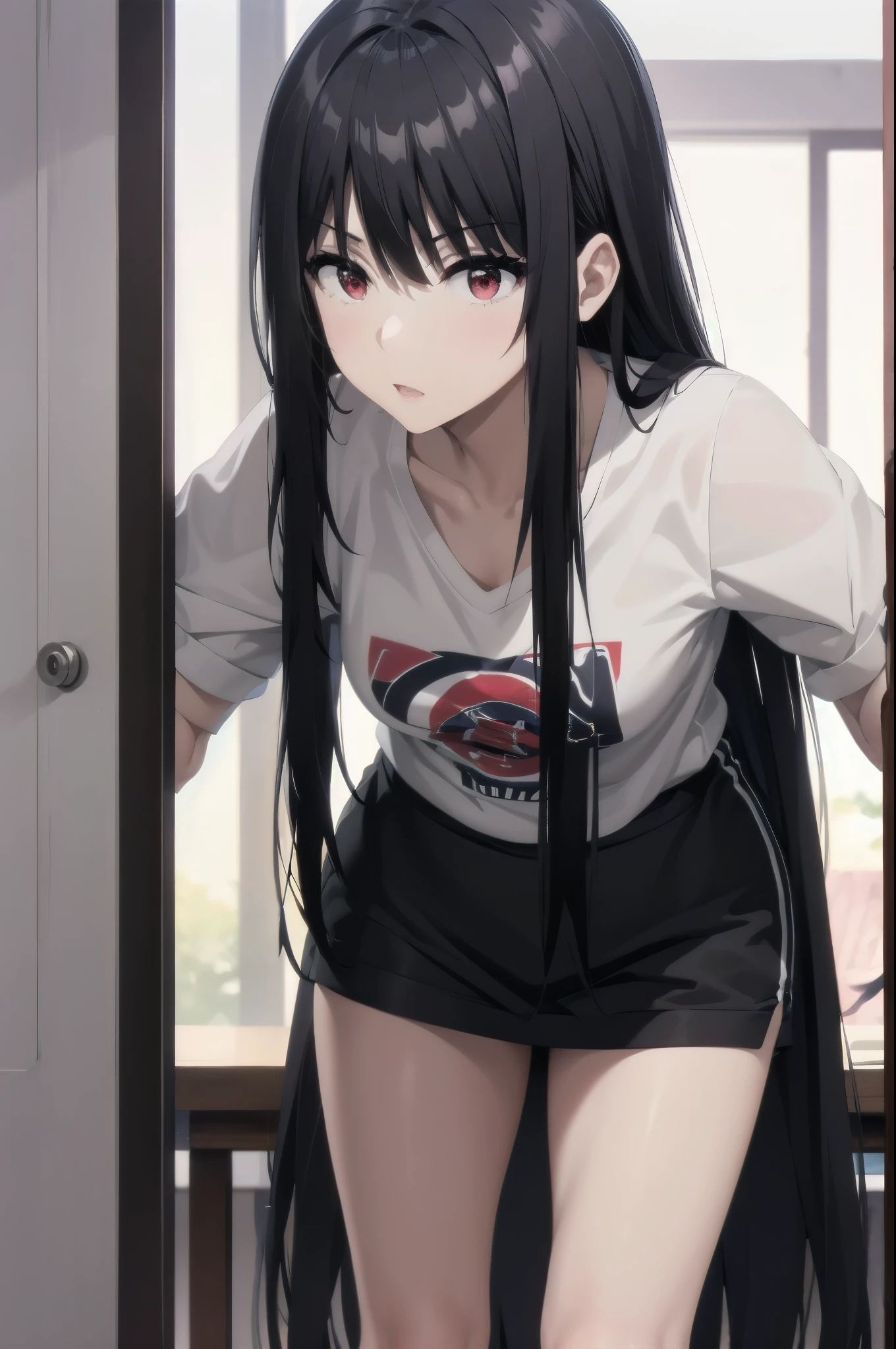 loose t-shirt leaning forward,red eyes,black hair,long hair