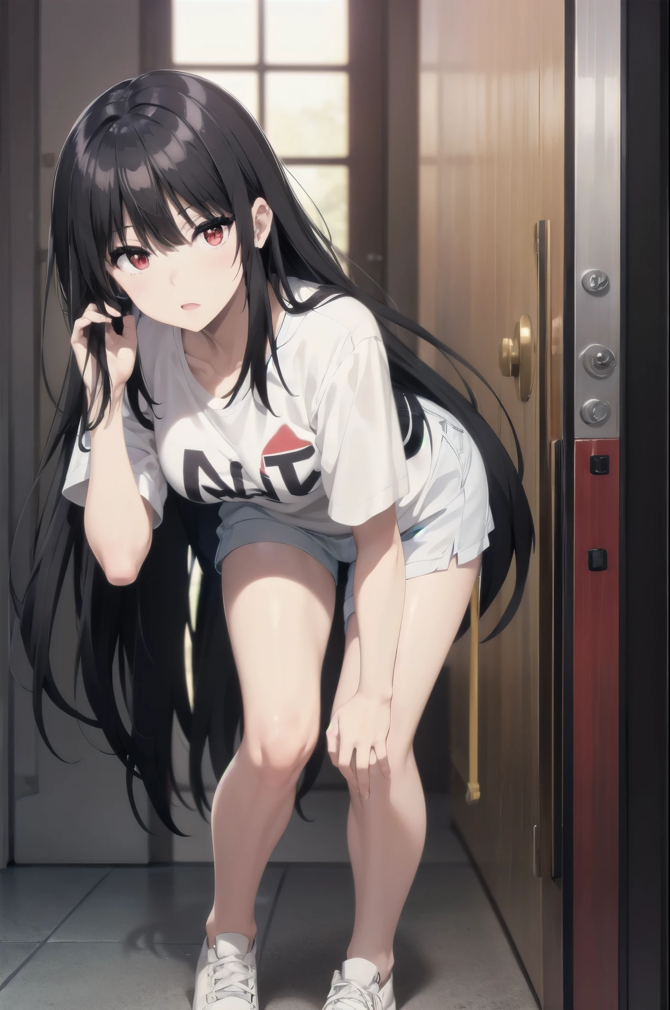 loose t-shirt leaning forward,red eyes,black hair,long hair