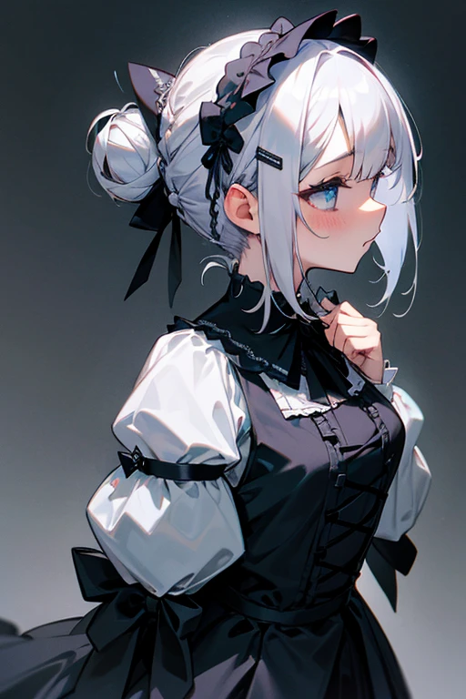 Short white hair, blush, Gothic ta、Punk Fashion、Headbang 2.、Blue and black clothes、Braiding、2 hair clips、Hair tied in a bun、