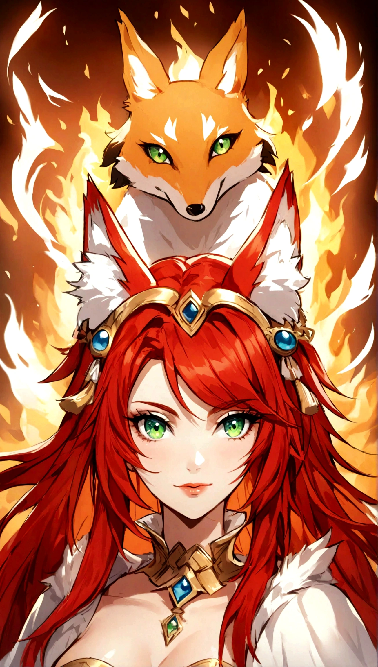 a close up of a woman with red hair and a fox, a beautiful fox lady, foxgirl, orange skin and long fiery hair, green eyes, magali villeneuve', graphic artist magali villeneuve, ginger hair and fur, inspired by Magali Villeneuve, in style of anne stokes, red haired goddess, fantasy fox love, fire hair, by Galen Dara