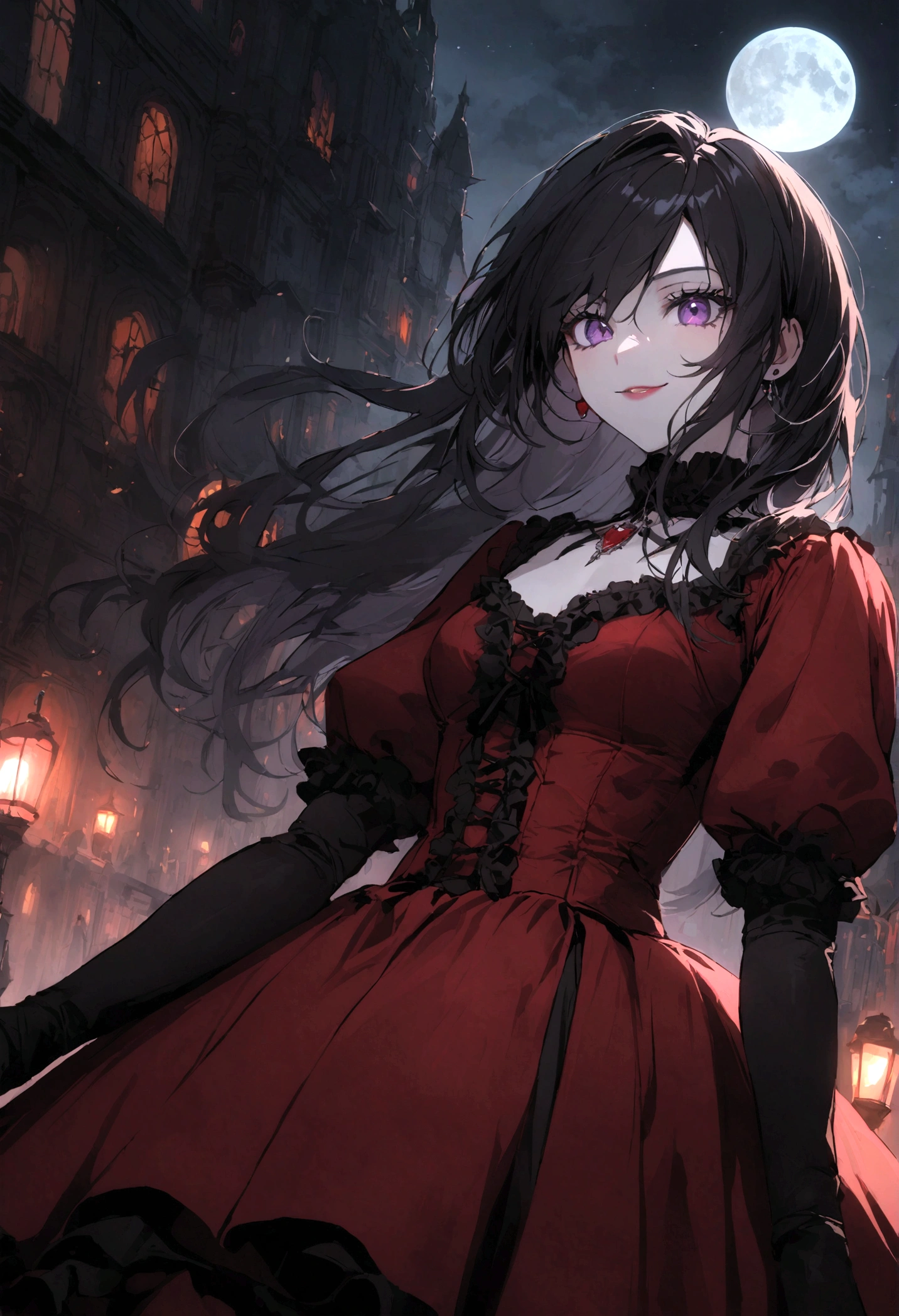 a beautiful vampire girl with long black hair, purple eyes, and a smile, wearing a red gothic dress, in a dark gothic city with a full moon in the night sky