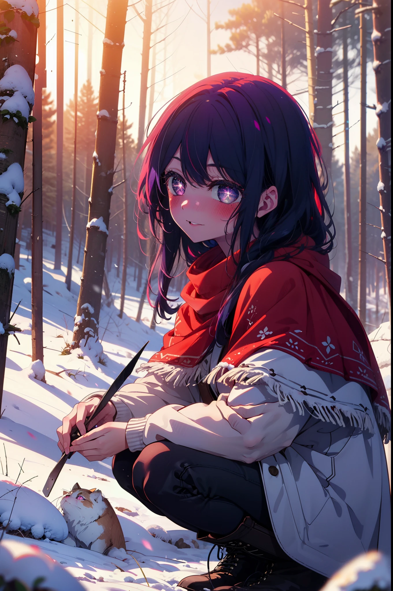 aihoshino, Ai Hoshino, Long Hair, bangs, (Purple eyes:1.1), Purple Hair, (Symbol-shaped pupil:1.5), smile,,smile,blush,White Breath,
Open your mouth,snow,Ground bonfire, Outdoor, boots, snowing, From the side, wood, suitcase, Cape, Blurred, , forest, White handbag, nature,  Squat, Mouth closed, Cape, winter, Written boundary depth, Black shoes, red Cape break looking at viewer, Upper Body, whole body, break Outdoor, forest, nature, break (masterpiece:1.2), highest quality, High resolution, unity 8k wallpaper, (shape:0.8), (Beautiful and beautiful eyes:1.6), Highly detailed face, Perfect lighting, Highly detailed CG, (Perfect hands, Perfect Anatomy),