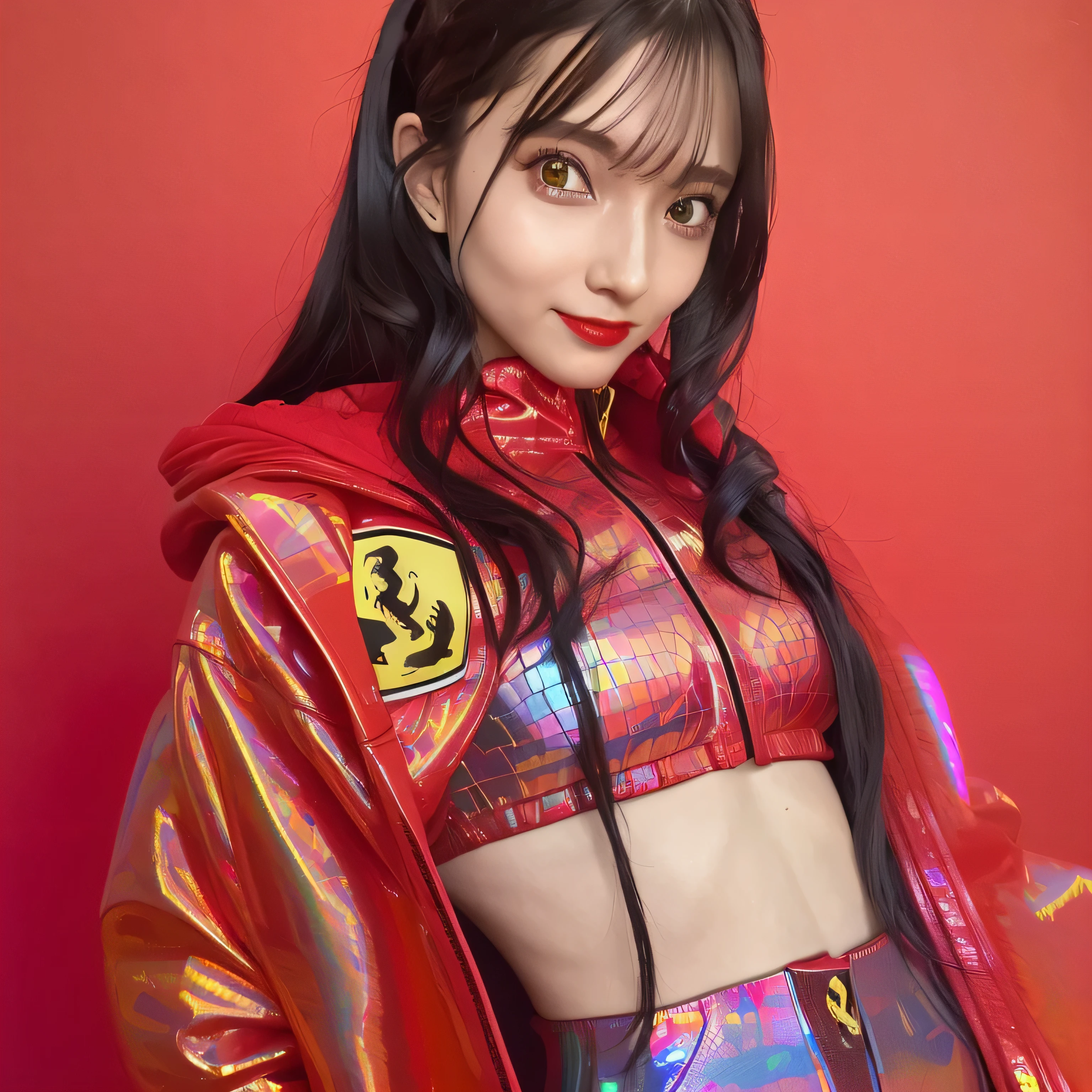 (masterpiece, highest quality, Very detailed, Detailed face, 8k)、smile、
One Girl,, ,
((( Ferrari red opaque jacket:1.3, , Holographic:1.23))), , Extremely detailed clarity, (Symmetrical eyes:1.3), , , , , ,, , , (Eye and facial details:1.0), , slim、Flat body、cute、、Small breasts、Jet black background、(((B1 cup chest.8)))、(((Skinny 1.7)))、(((Small breasts 1.9)))、(((19-year-old female)))、(((A1 cup chest.2)))、(((Suren 1.7)))、(((Small breasts 1.5)))、(((Overall 1.5)))、(((Full body composition 1.5)))、(((Whole body 1.5)))、(((9:1.8))),
((( Ferrari red opaque jacket:1.3, , Holographic:1.23))),
Surrealist female portraits by David Hockney and Alphonse Mucha,