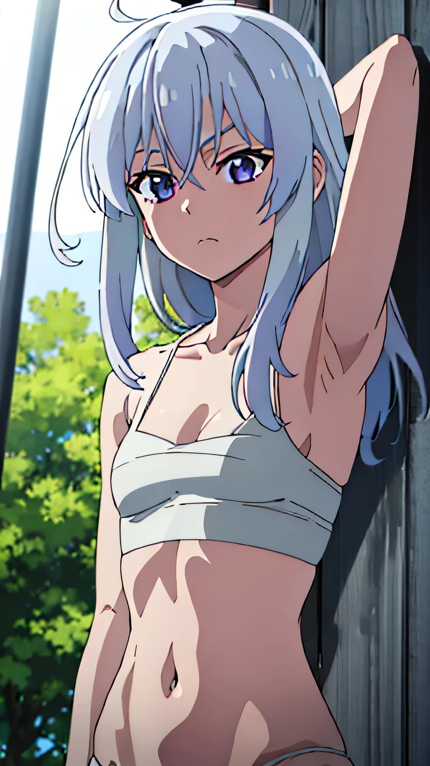 Short girl, masterpiece, High resolution, alone, 8k, detailed, Perfect Face, highest quality, (super high quality), (Looking at the audience), (Underarm), clavicle, Bare arms, Small breasts, Cleavage, Silver Hair, Violet Eyes, stomach, Stomach, belly button, Stomach muscles, Ahoge, Sarasi Chest, Bandaged Chest, White bandage, (Blue too), The body is slim, Upper Body, emotionless, Flat face, In the forest, Raise your hand