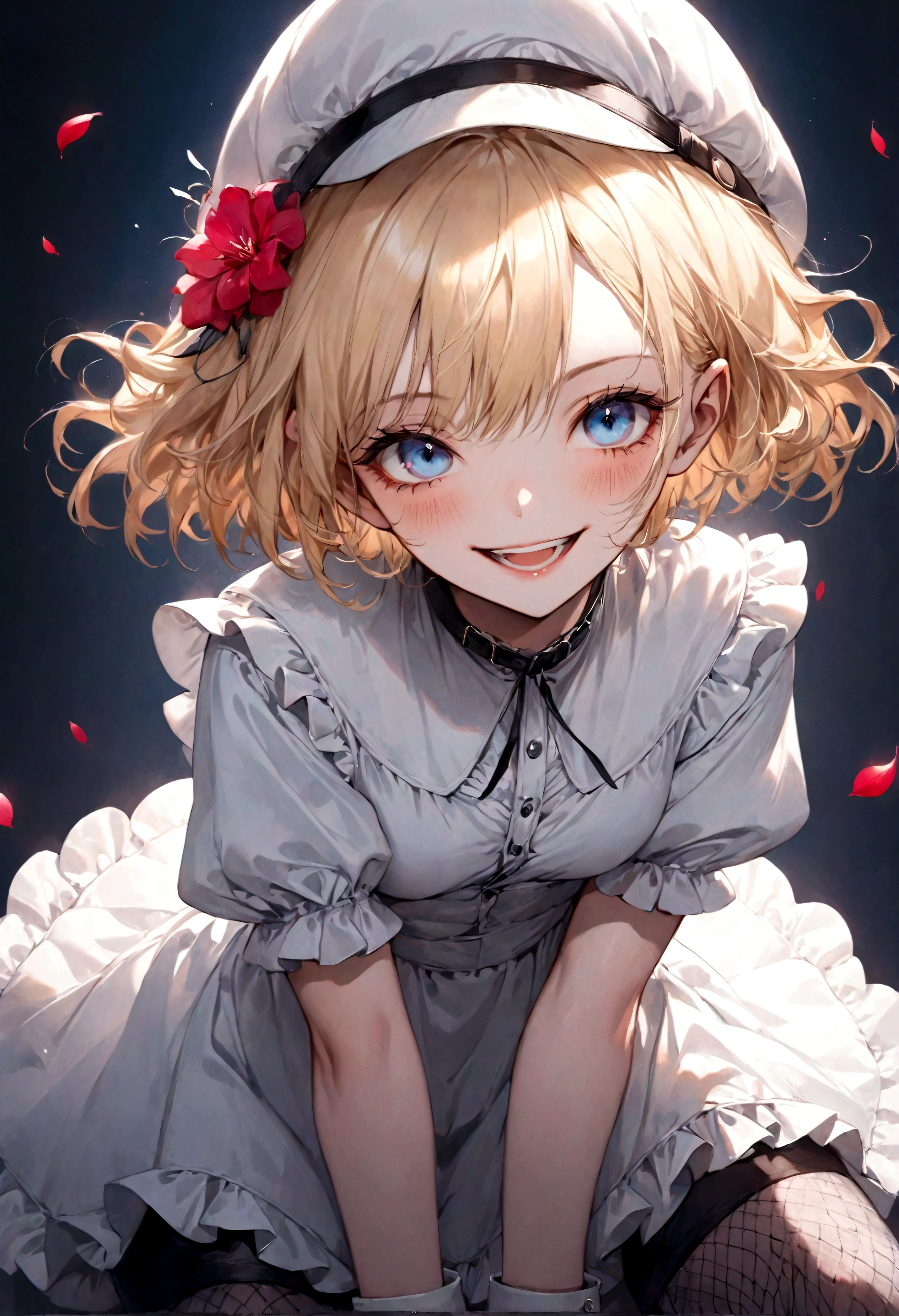 best quality, super fine, 16k, incredibly absurdres, extremely detailed, delicate and dynamic, beautiful and adorable lady, blonde messy wavy short hair, bluntly bangs, captivating look, aroused expression, crazy smile, scary smile, evil smile, teasing smile, grin, lewd smile, malicious smile, creepy smile, moody bad, wearing pure white no-slave frilly miniskirt dress, white bucket hat, superlative body proportion, black knee-high fishnet stockings, beautiful pose, blue eyes, crimson lips, iridescent petals fluttering down, iridescent pastel color light effects, beautiful artistic piece of art