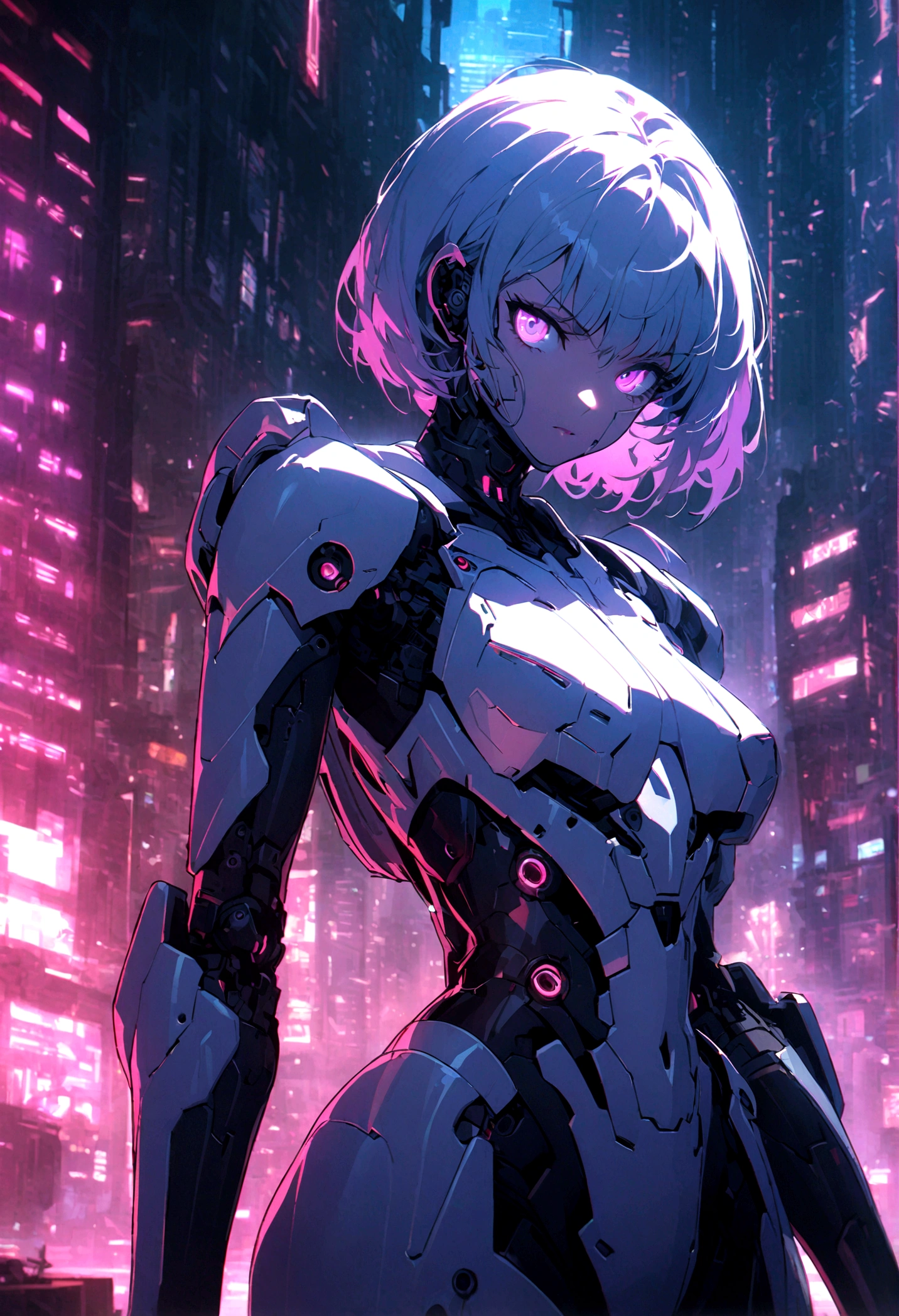 In the style of 90s retro anime《Ghost in the Shell》a beautiful detailed cyborg woman with long cybernetic limbs, intricate mechanical details, holding an advanced futuristic firearm, looking directly at the camera, dark cyberpunk city background, dramatic lighting, highly detailed, cinematic