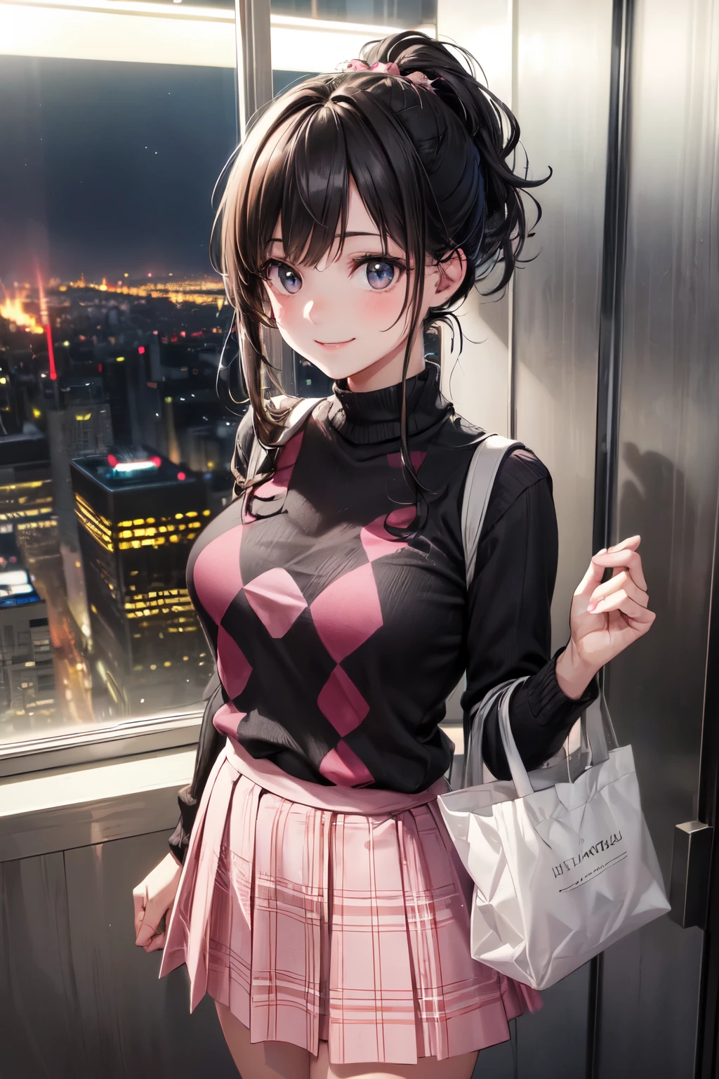 very cute and beautiful girl,(highly detailed beautiful face and eyes),
(smile:1.2),happy,embarrassed,looking up,looking at viewer,(argyle pattern sweater),cowboy shot,(white and pink plaid skirt),
standing in luxury elevator in hotel,night city view,holding tote bag,black hair,low ponytail,
(best quality,masterpiece),absurdres,highres,ultra-detailed,extremely detailed,32k,8k resolution,
intricate details,cinematic scene,detailed background,solo,dynamic angle,realistic,