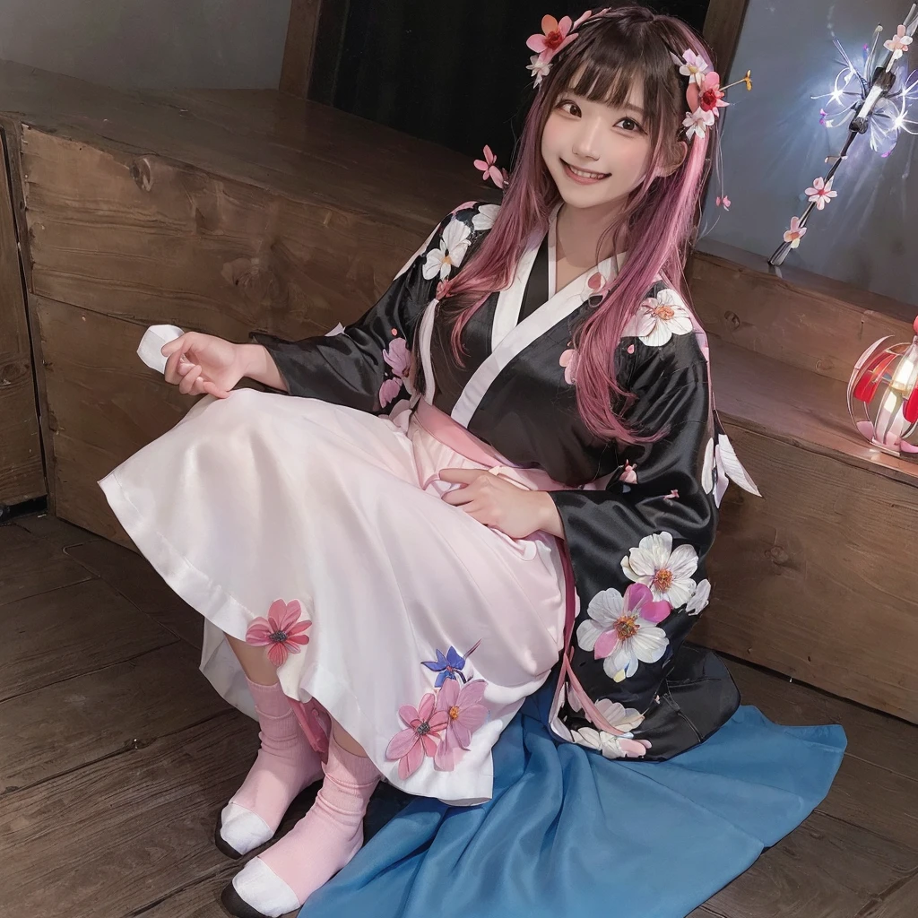 (masterpiece:1.2, high quality), (Pixiv:1.4),21 year old girl, alone,A colorful world,flower, Long Hair, butterfly, bird, hair ornaments, (((blue skirt,white socks ₎)), Long Hair, hair flower, (((Long sleeve, kimono, bangs, Black Background ₎)), (((wood, pink flower, red flower,night,Light 2)),smile